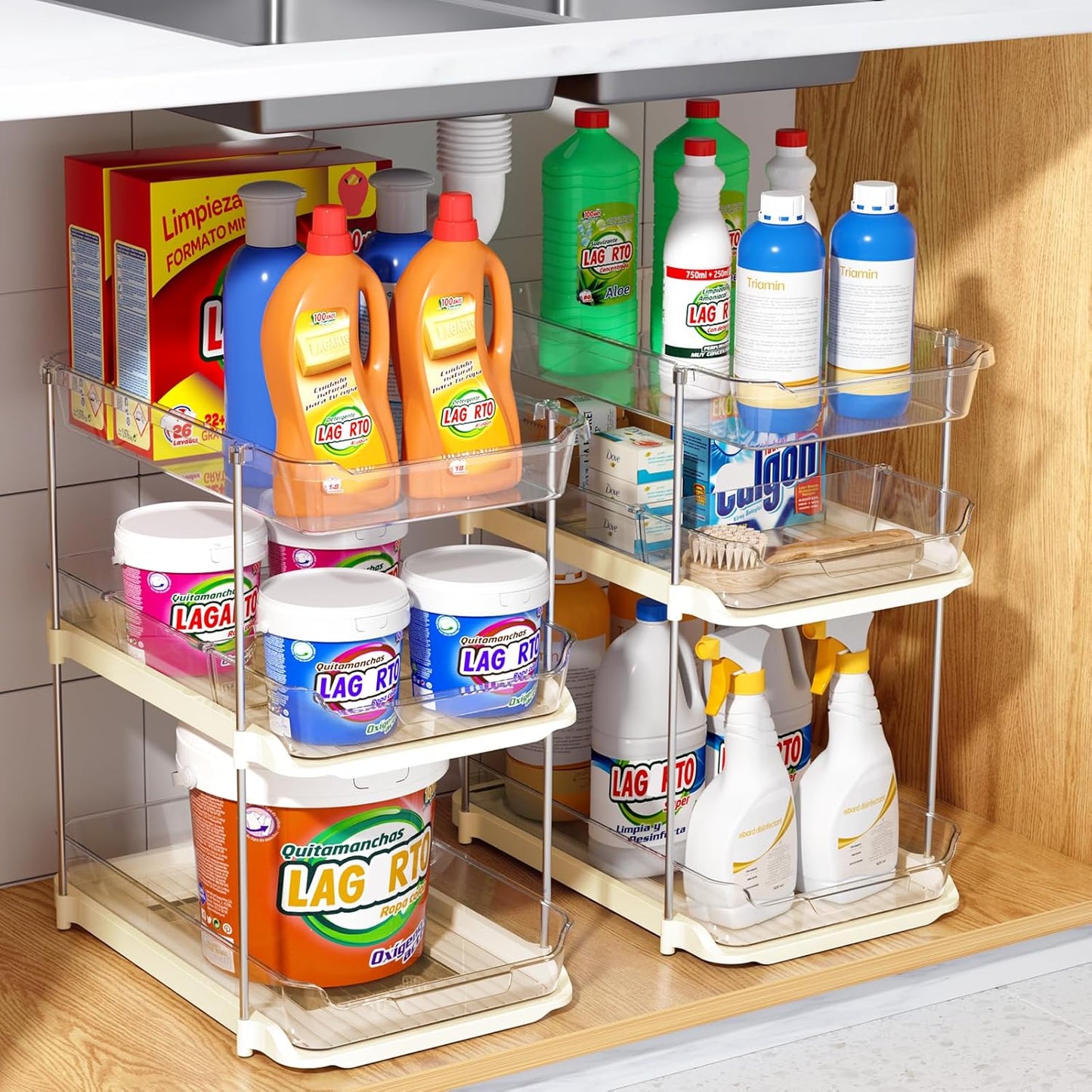 2 Sets of 3-Tier Bathroom under Sink Organizers and Storage, Multi-Purpose Stackable Pantry Organization and Storage, Beige