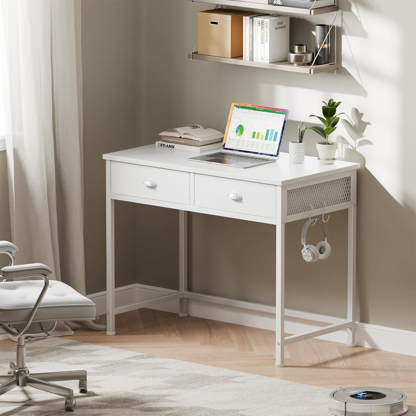 White Small Computer Desk with 2 Fabric Drawers for Bedroom,34 Inch Simple Home Office Writing Desk, Vanity Desk with Hooks, Study Table for Adults Student Small Spaces