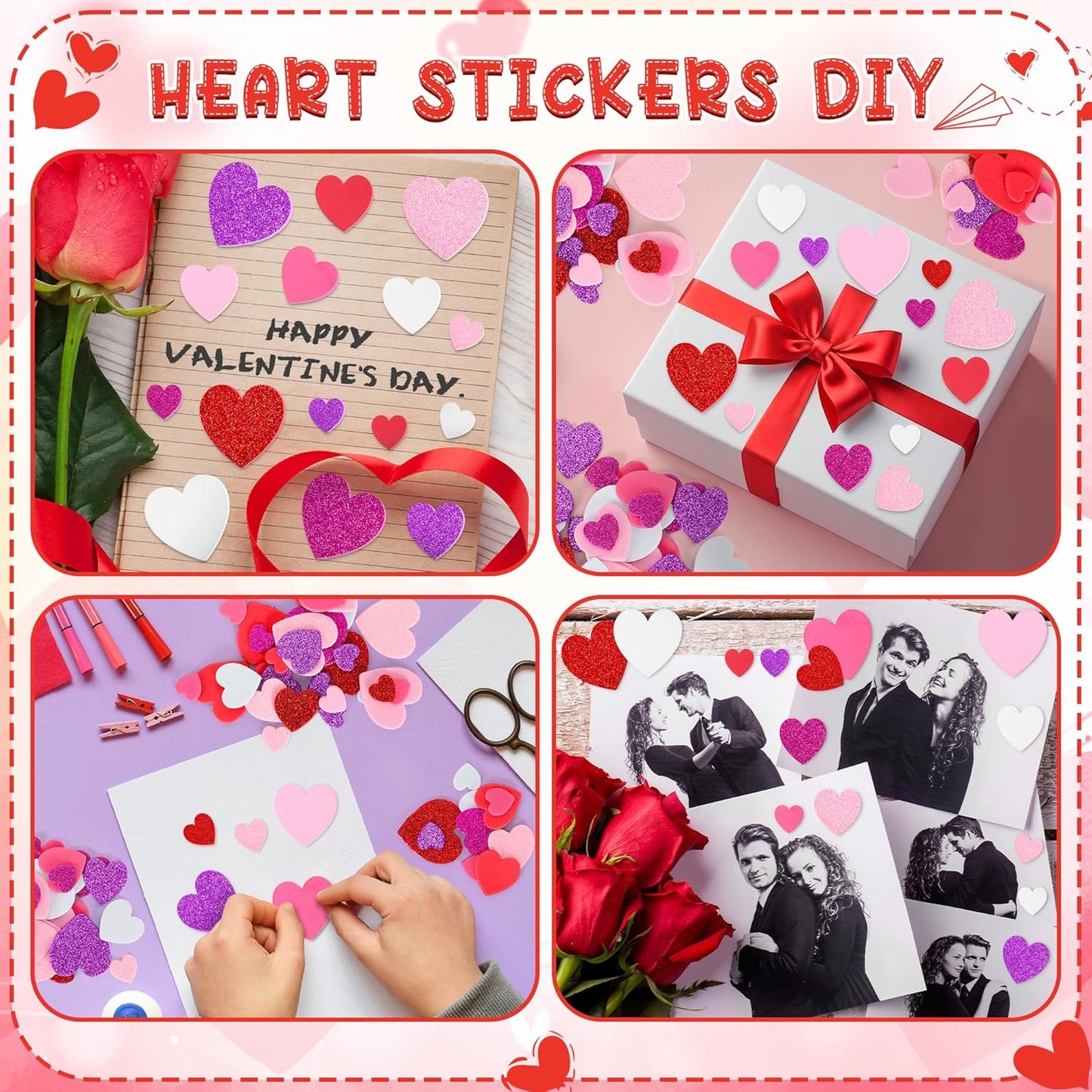 200 PCS Valentines Day Stickers, Foam Heart Valentine Decor, Self-Adhesive Foam Heart Stickers, 3 Sizes Foam Hearts for Crafts Glitter Foam Valentine Stickers for Envelop Invitations Card Making