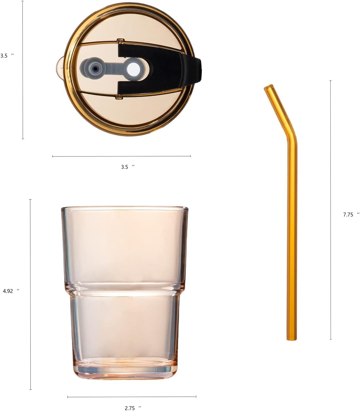 13 Oz Tumbler Water Glass, Water Bottle with Straw and Dustproof Lid, Coffee Ice Cup Double Wall Insulated Glass Cup (Amber-2Pack)