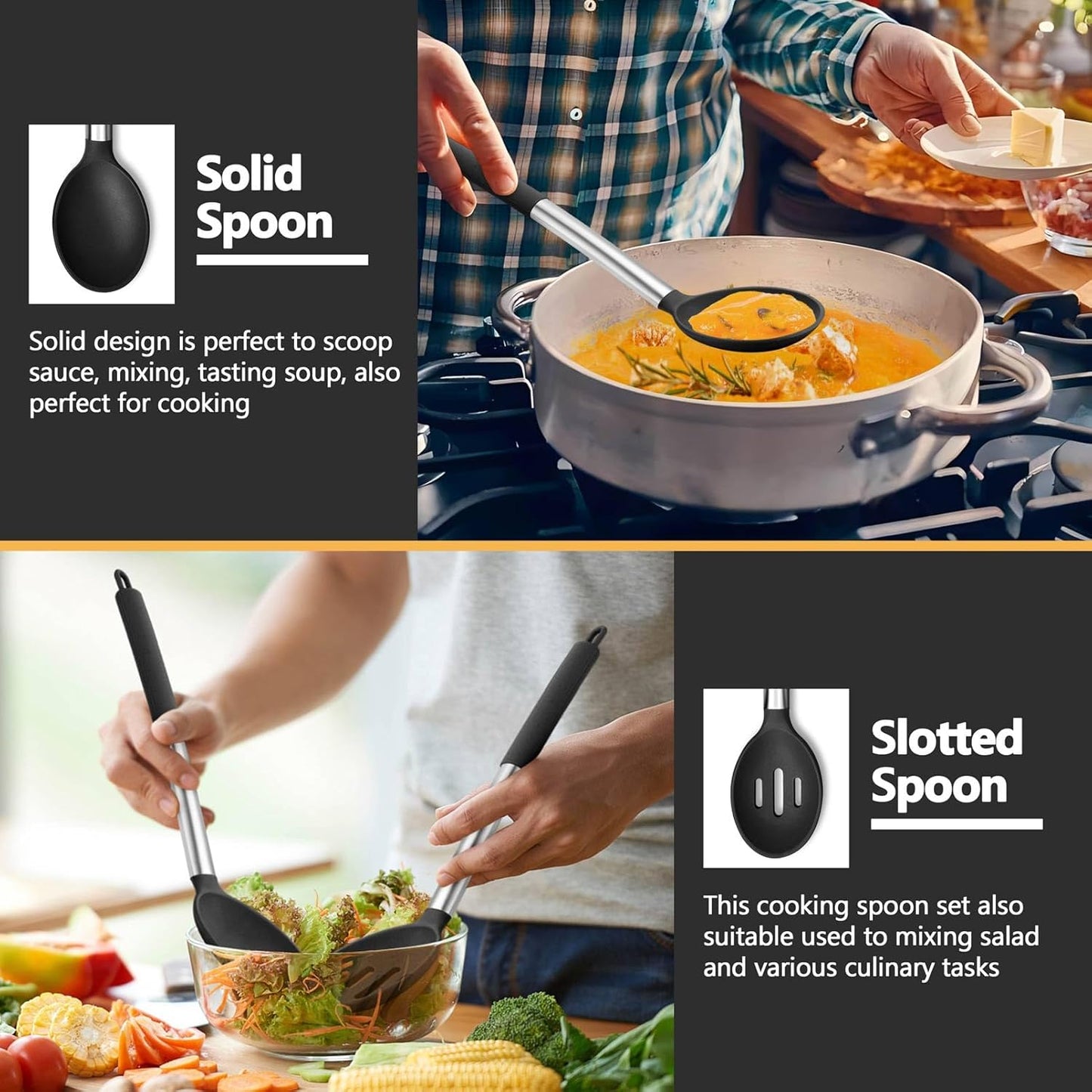 Black Kitchen Cooking Utensil Set of 4, Silicone Solid Spatulas Slotted Spoons Turners for Non-Stick Cookware Flipping Mixing, Heat-Proof