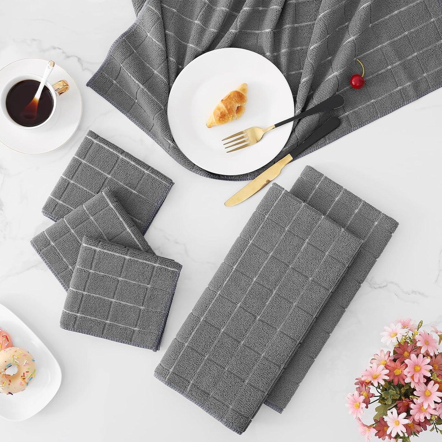 Microfiber Kitchen Towels and Dishcloths Set, 12 Pack Soft and Absorbent Dish Hand Towels Bulk, 28 X 16 Inch & 12 X 12 Inch Quick Drying Rags for Washing Dishes, Grey