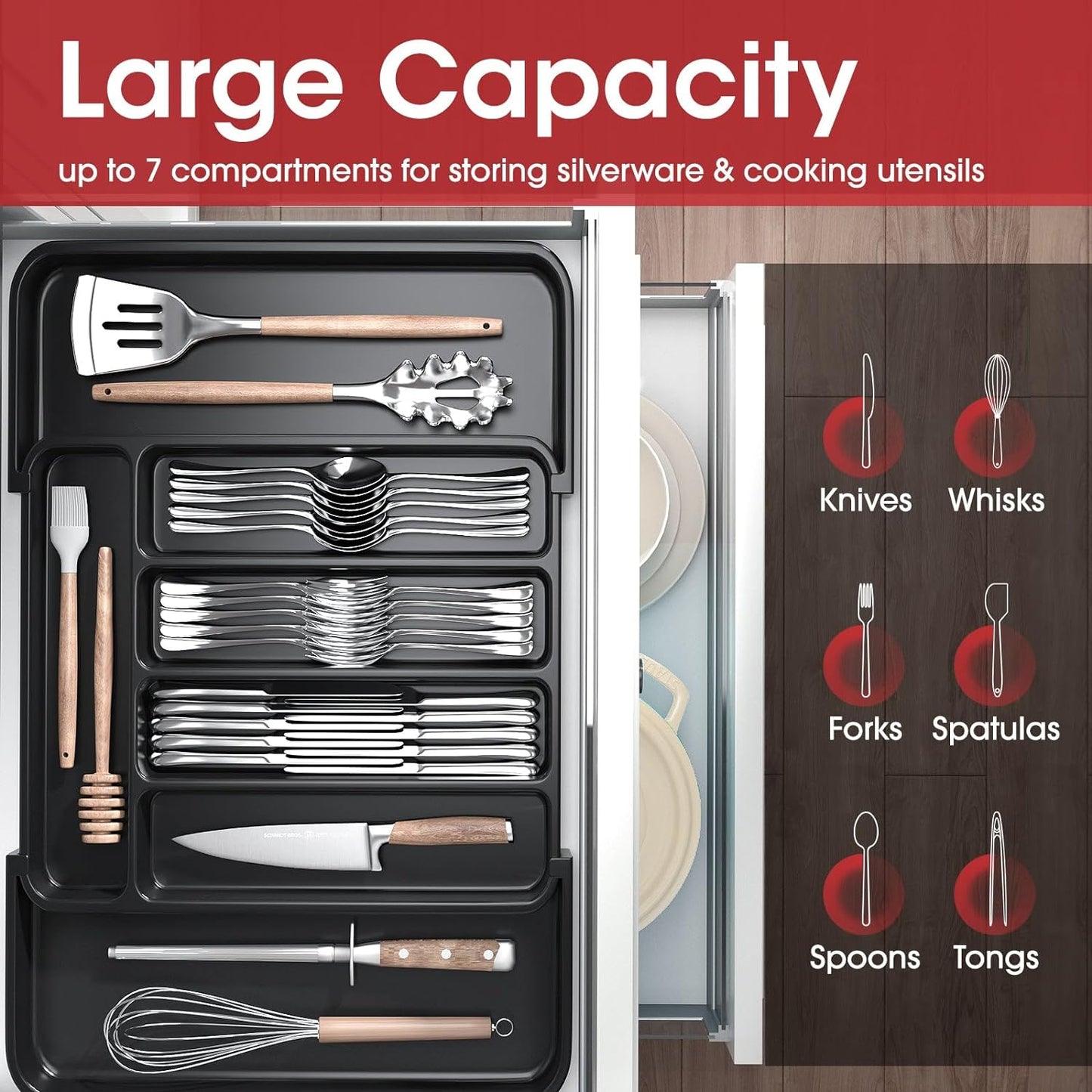 Silverware Organizer - Expandable Kitchen Drawer Organizer, Adjustable Utensil Organizer, Cutlery Tray for Forks, Knives, Multipurpose Kitchen Organizers and Storage Solution, Black, Medium