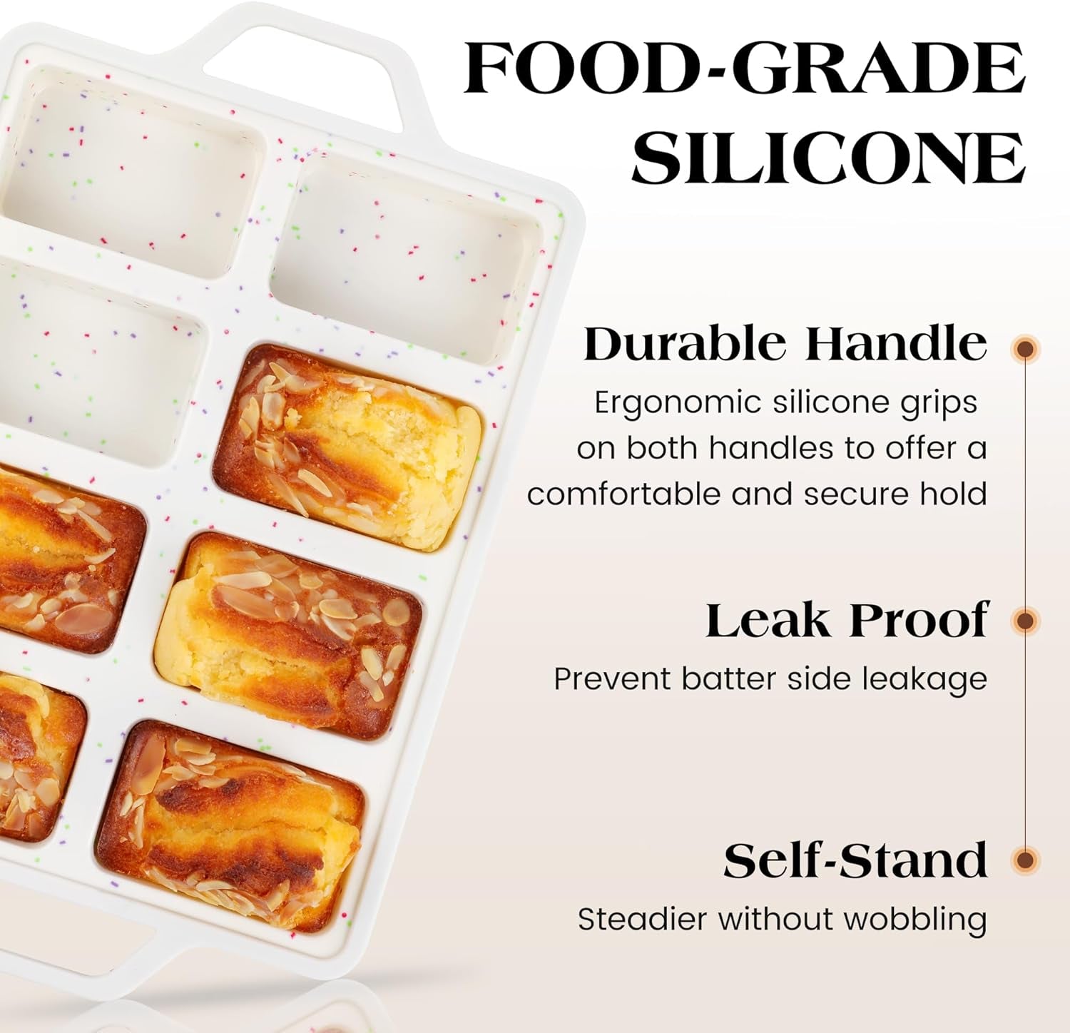 Set of 2 Mini Silicone Loaf Pans with Metal Reinforced Frame - Nonstick Small Bread and Meatloaf Baking Pans, 8 Cavity (Cream)