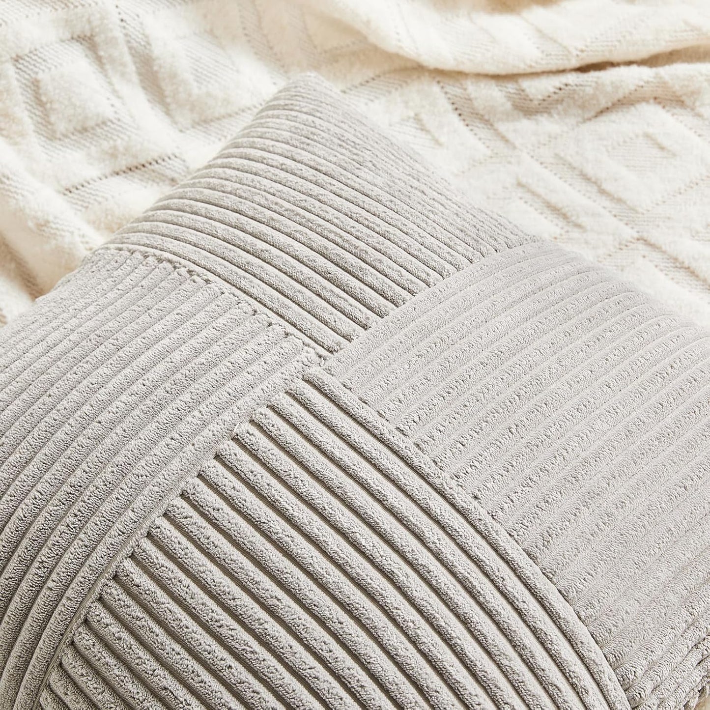 2 Packs Neutral Grey Decorative Throw Pillow Covers 18X18 Inch for Living Room Couch Sofa, Rustic Farmhouse Boho Home Decor, Soft Corss Corduroy Patchwork Textured Square Cushion Case 45Cm
