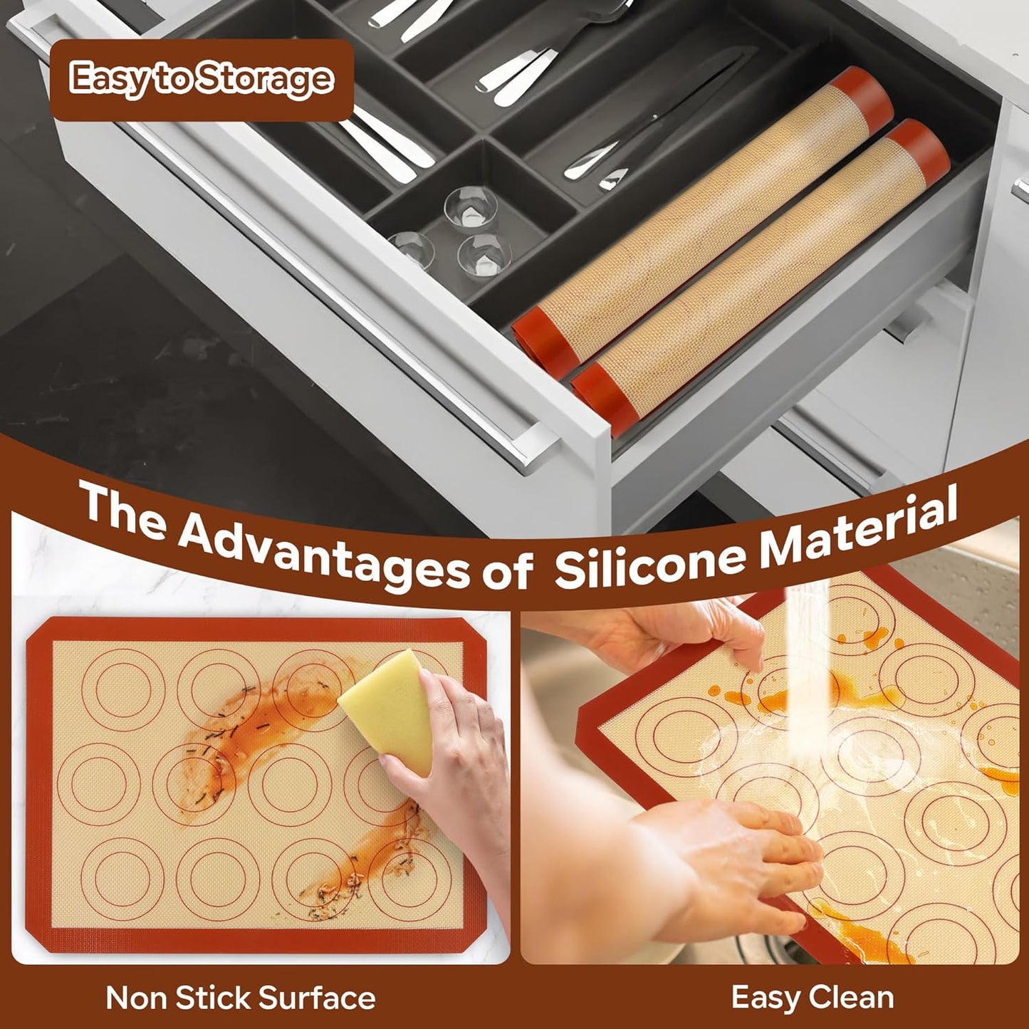 15 Inch Silicone Baking Mats, 2 Pcs Reusable Silicone Oven Mat, Non Stick Baking Supplies for Macaroon Pastry Bread Dough Cookie, Fits Well with Sheet Pan, Healthy & Easy Clean
