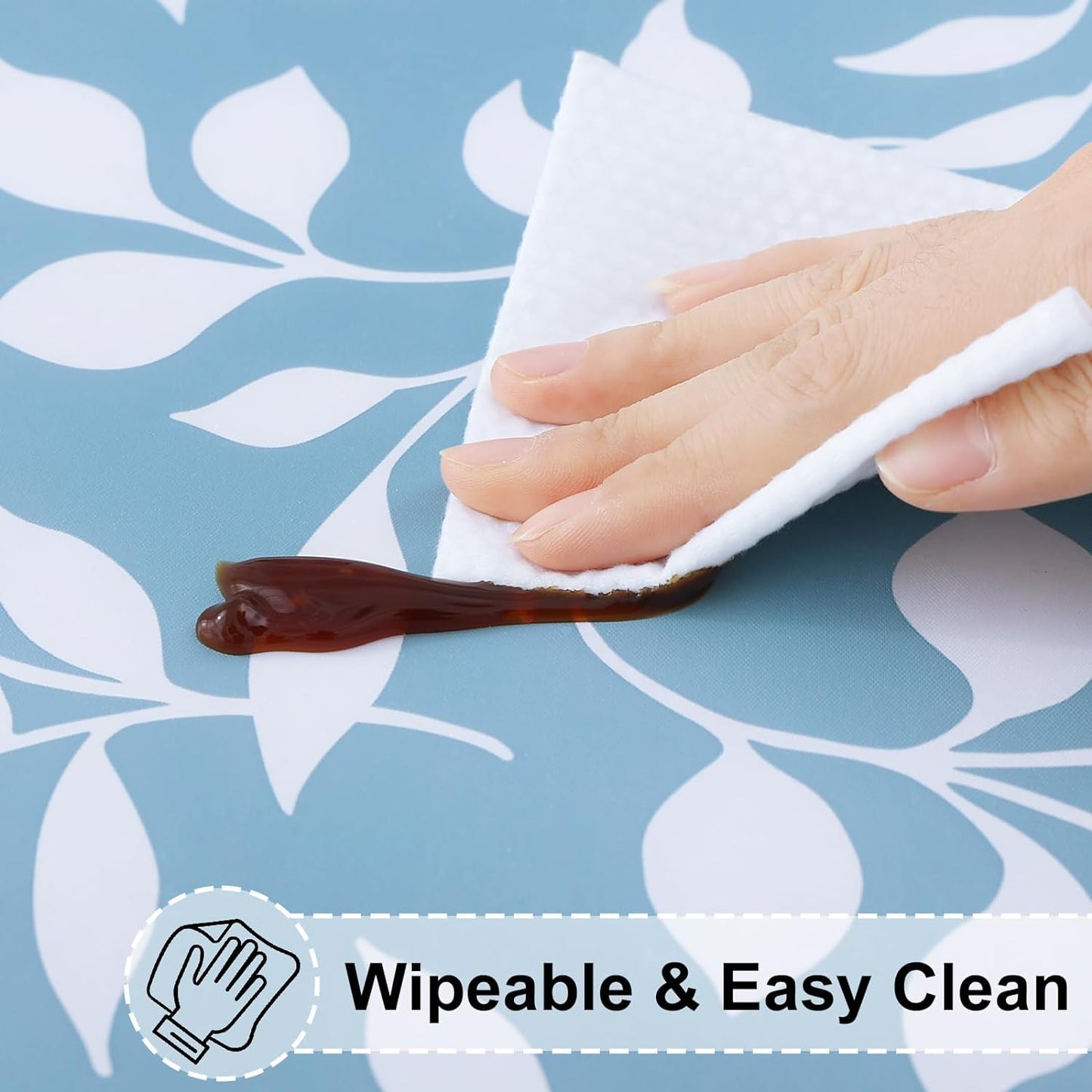 round Fitted Tablecloth with Elastic Edge, 100% Waterproof Oil Proof Plastic Table Cover, Vinyl Flannel Backed Tablecloth Fits 36"-44" round Tables for Dinner, Outdoor, Picnic, Blue Leaves