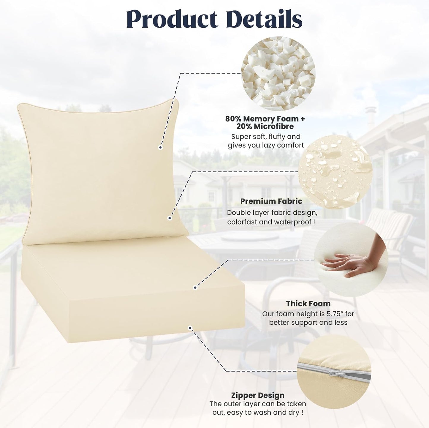 ® Outdoor Seat Cushions 24 X 24 X 5.75 Inch, Waterproof & Fade Resistant Patio Furniture Replacement Cushions with Removable Cover for Chair, Sofa, Couch, Wicker, Beige