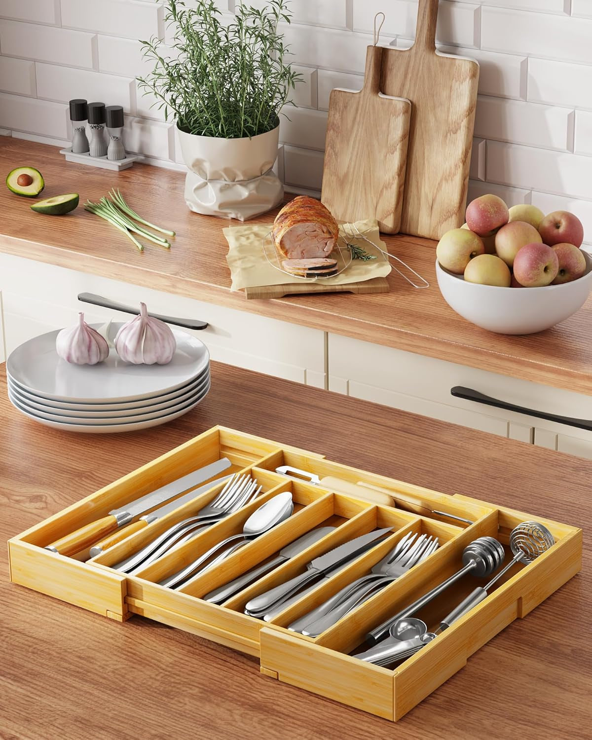 Large Bamboo Silverware Organizer - Expandable Drawer Organizer for Utensil, Cutlery and Flatware, Kitchen Storage Solution with 6 to 8 Slots, Natural, 18.7" × 12.8" × 1.8"