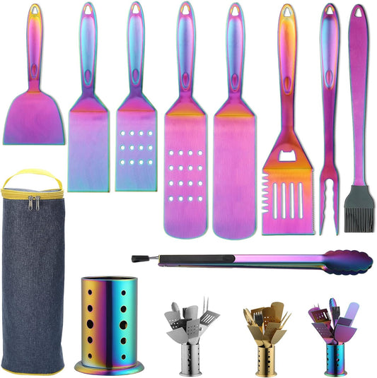 Premium 10-Piece Rainbow Grill Accessories Kit with Utensils Holder, Featuring Stainless Steel Handles and Heat-Resistant Bakelite Components