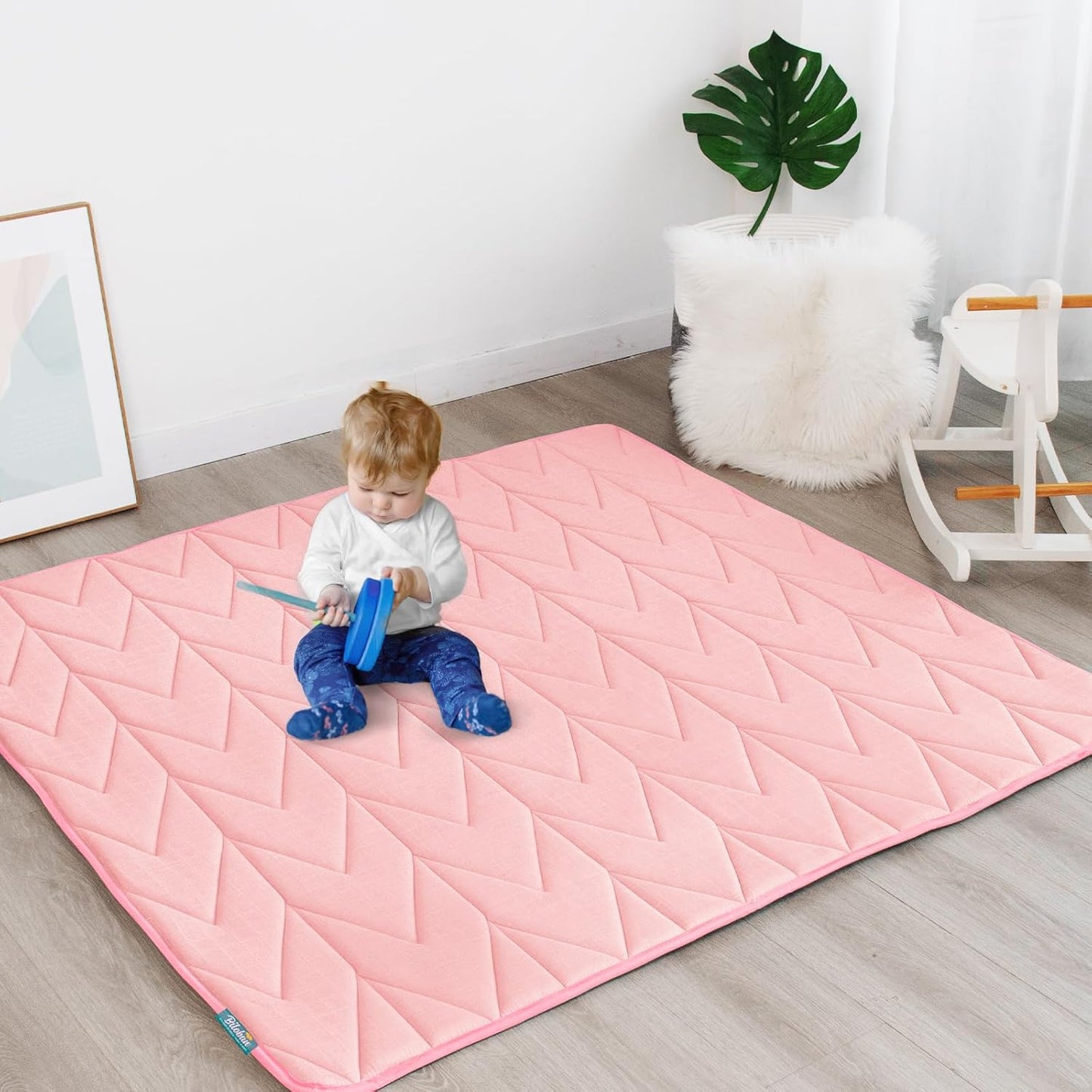 Foam Play Mat 50×50 for Baby Girls, Muslin Kids Play Mat Fits for Dripex & Suposeu Playpen, One-Piece Crawling Mat for Baby & Toddler to Play on Floor, Non Slip, Pink