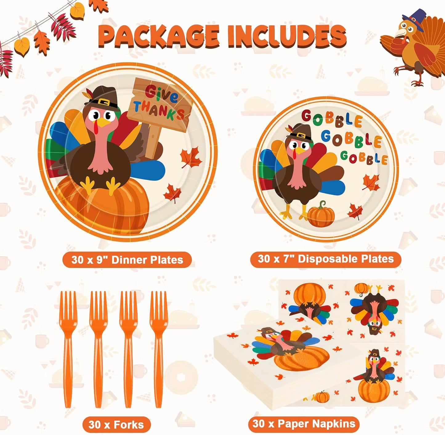 120 PCS Thanksgiving Plates and Napkins, Disposable Thanksgiving Paper Plates, 9" and 7" Fall Party Tableware, round Turkey Pumpkins Decorations for Harvest Banquet Decor Holiday Party Supplies