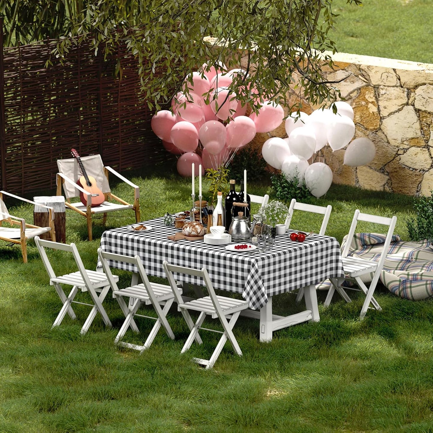 Rectangle Waterproof Vinyl Table Cloth, Buffalo Flannel Backed Tablecloth, Wipeable Plastic Table Cover for Dinner, Kitchen, Outdoor (60" X 84", Black and White)