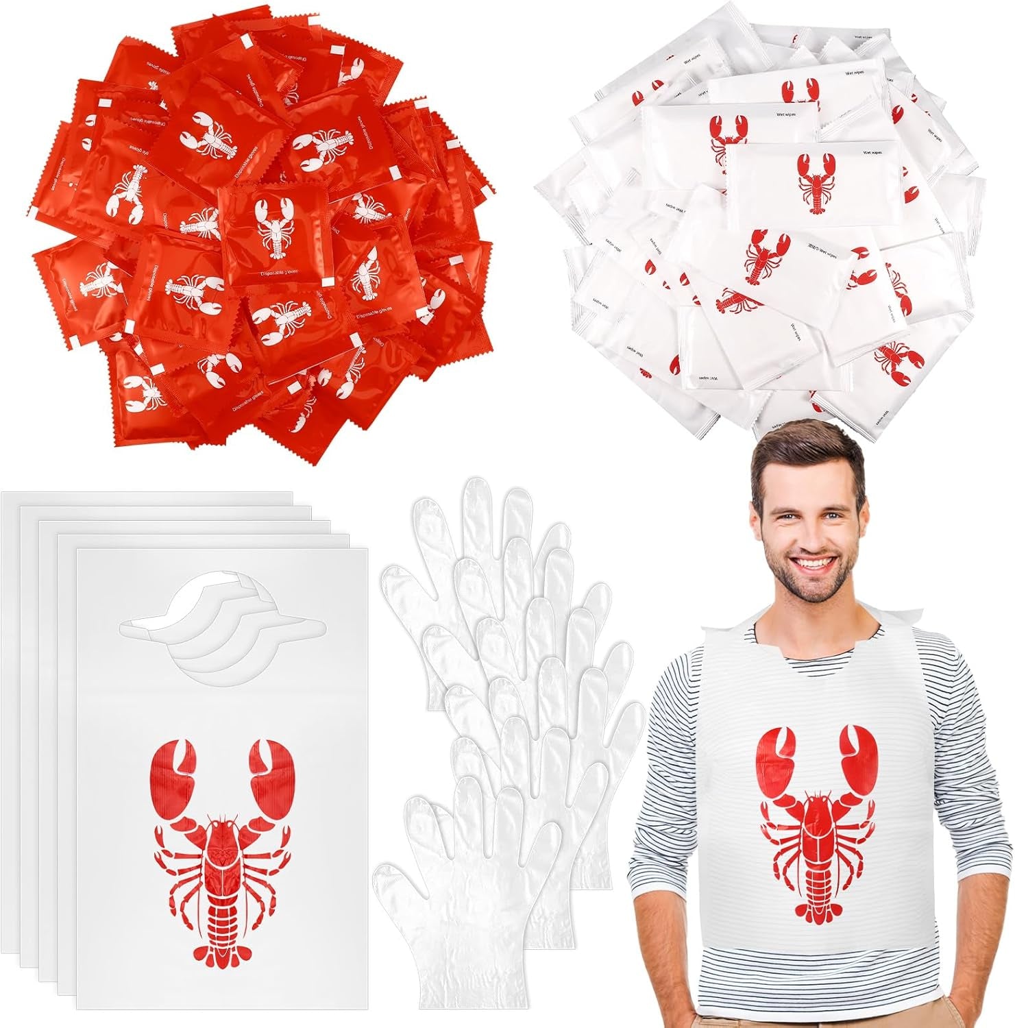 200-Count Disposable Crawfish Bibs and Party Supplies Set: Includes 50 Lobster Bibs, 50 Moist Towelettes, and 100 Pairs of Plastic Gloves for Seafood Festivities