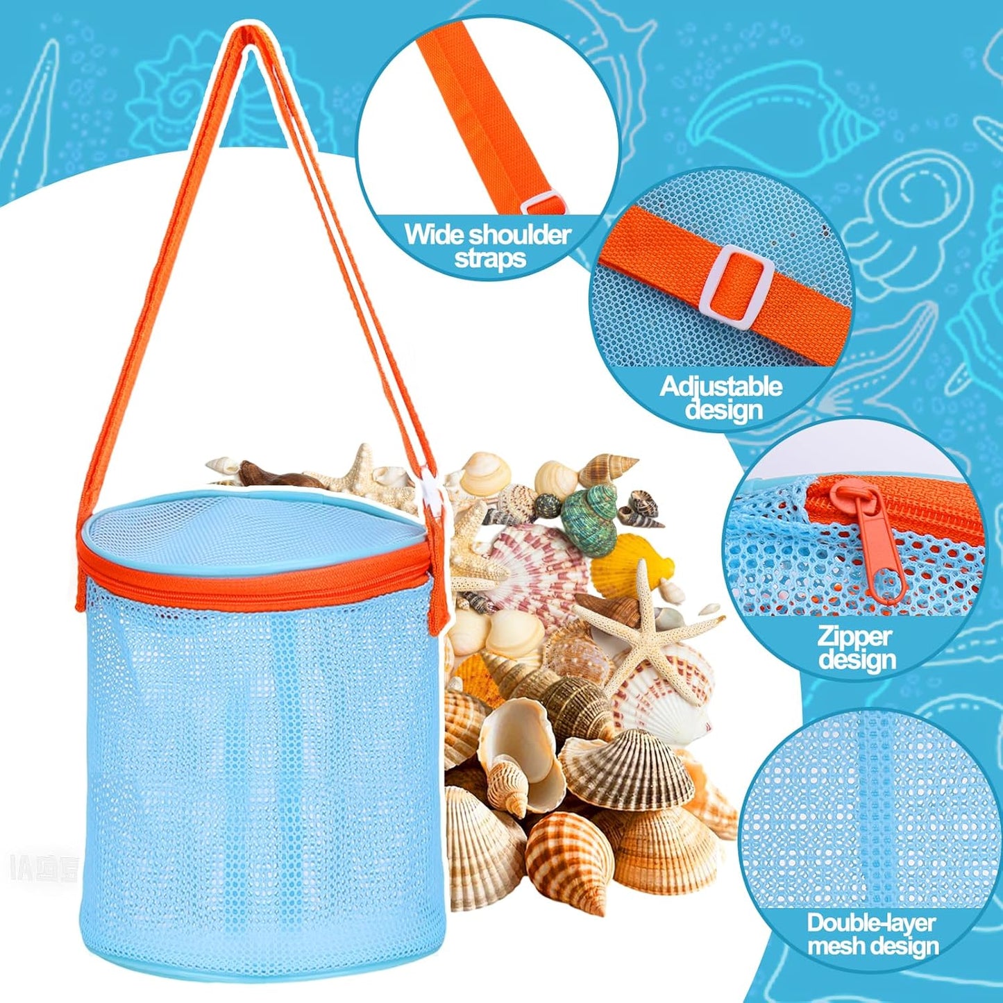 Sea Shell Bags for Beach,2Pcs Mesh Seashell Holder,Shelling Collecting Tools Travel Sand Toys Storage Bucket for Sandbox,Beach Vacation Essentials for Kids,The Beach Must Haves Sand Box Toy Bag