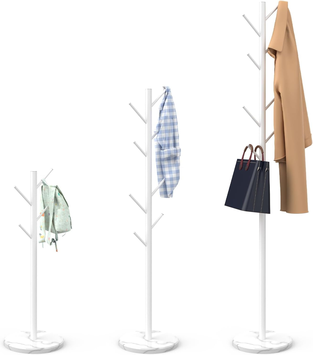 Heavy Duty Coat Rack with Natural Marble Base, Freestanding Metal Coat Stand with 8 Hooks, Modern Stable Coat Hanger Tree for Bags, Jacket, Clothes, and Hats, White Metal