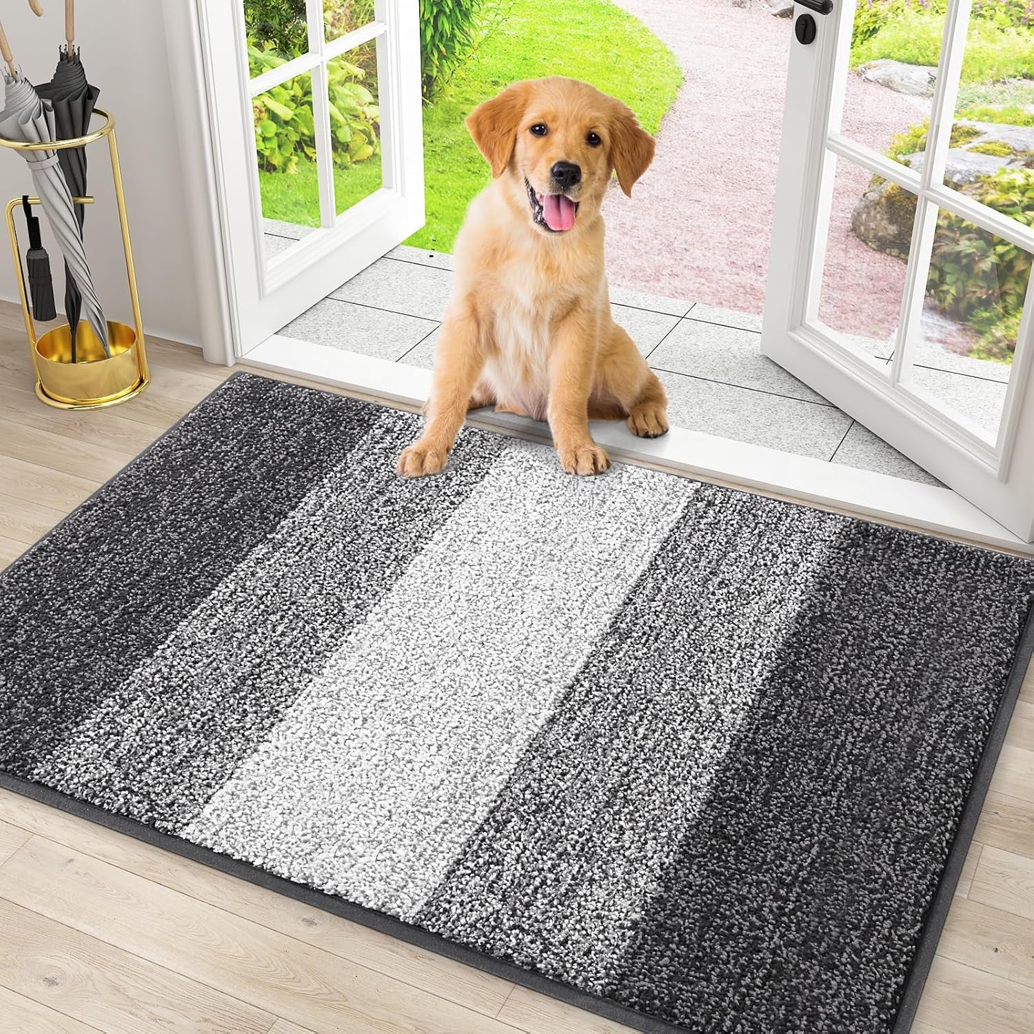 Dog Door Mat for Muddy Paws 2 Piece Set, Chenille (Grey 30X20) and Striped Design (Grey 30X20) Doormat for Front Indoor Entrance