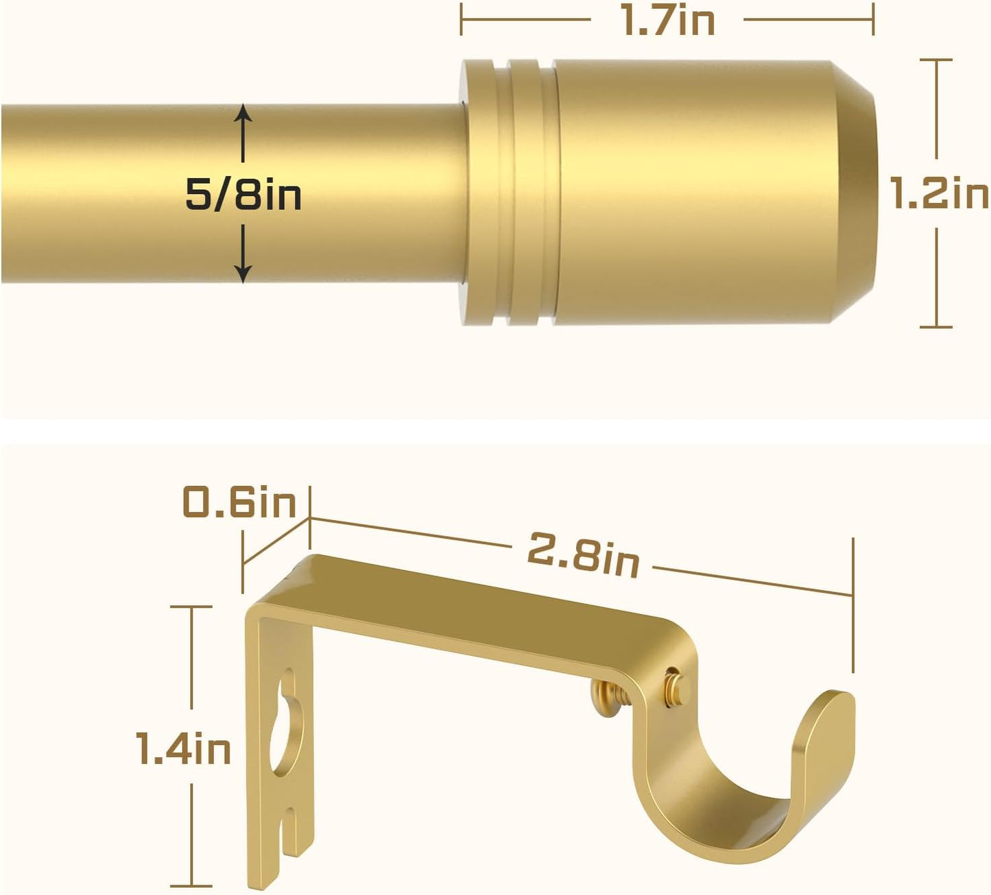 Curtain Rods for Windows 28 to 48-60 Inches, 5/8 Inch Gold Adjustable Small Curtain Rod Set with Brackets for Bedroom Living Room