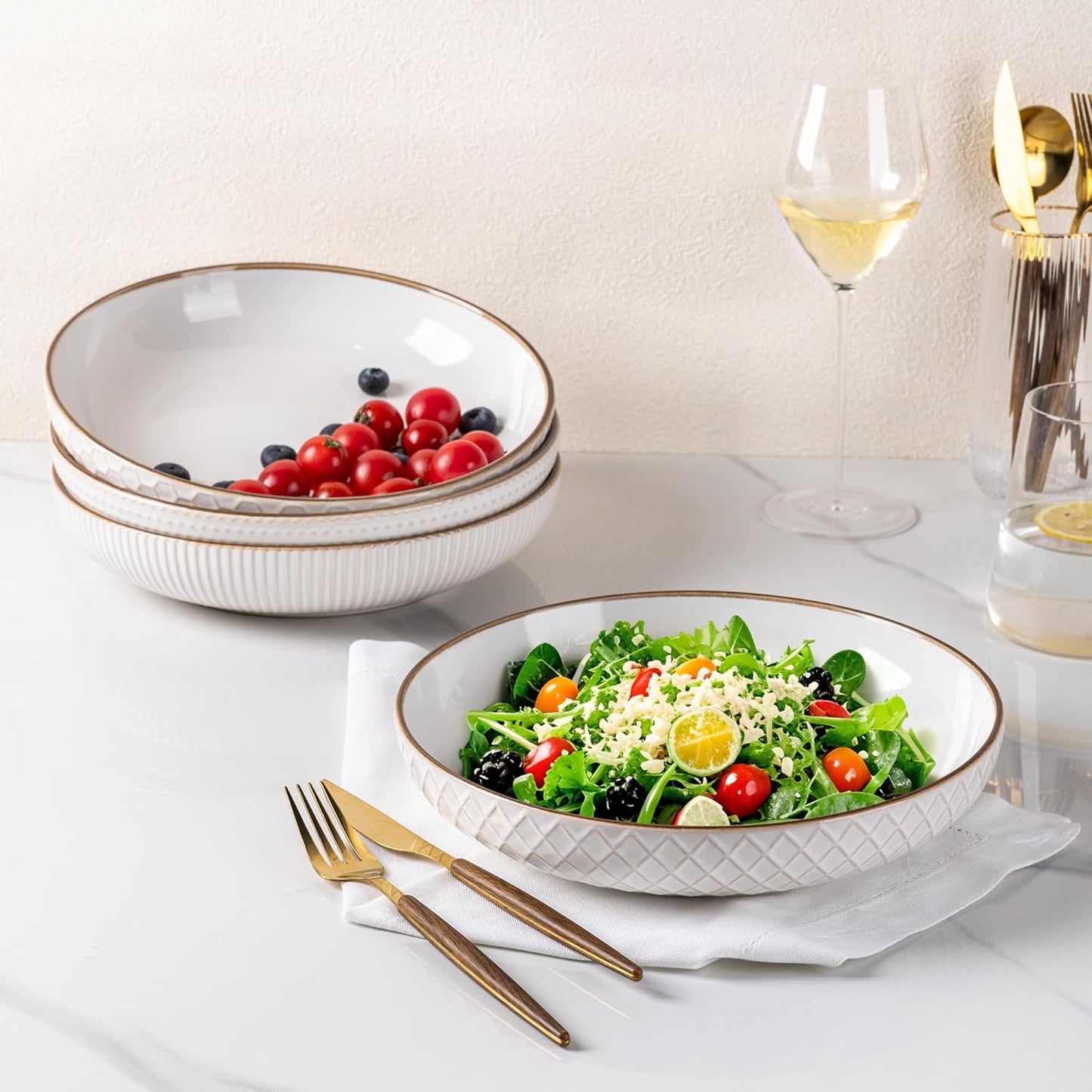 Set of 4 Off-White 9.5'' Large Stoneware Pasta and Salad Bowls - 42 Ounce Ceramic Serving Bowls with Textured Design for Pasta, Fruit, Stews, and Noodles - Ideal Housewarming Gift