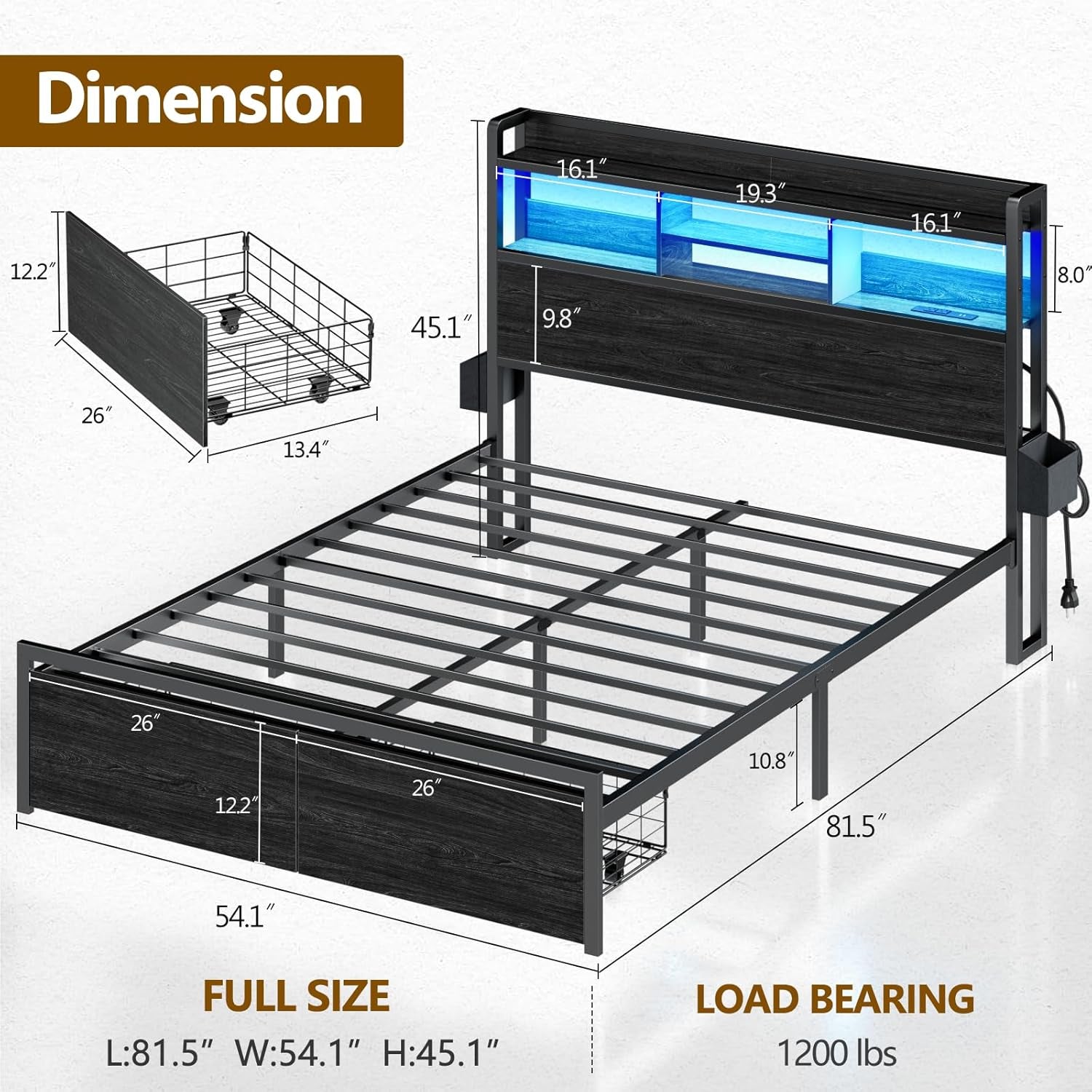 Full Size Metal Platform Bed Frame with Wooden Headboard, Integrated Storage Drawers, Shelf, LED Lighting, Charging Station, No Box Spring Required, Noise-Free, Black
