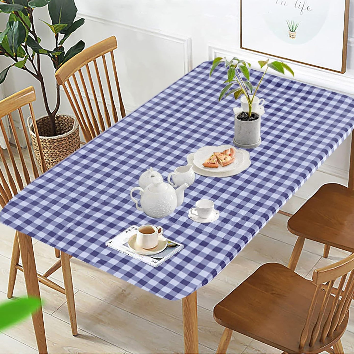 Waterproof Checkered Picnic Table Cover - 30" x 72" Vinyl Fitted Tablecloth with Flannel Backing for Outdoor Use, Ideal for Camping, Travel, Holidays, and Parties, Navy