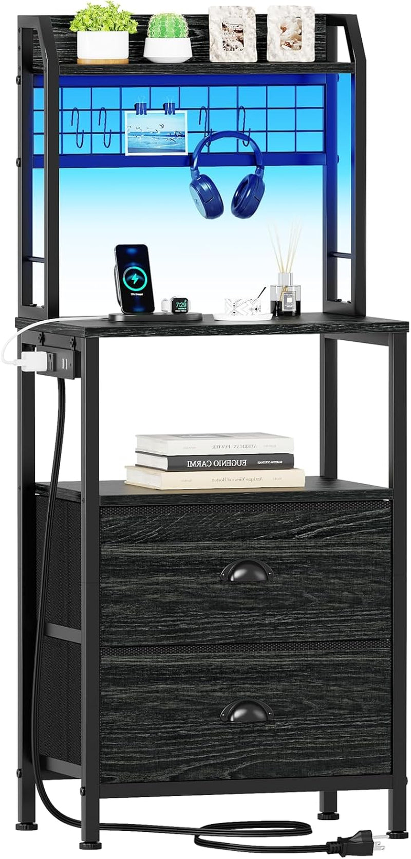 40'' Tall Nightstand with Charging Station, Bedside Table with LED Lights, End Table with 2 Drawers and Storage Shelves, Night Stand with Pegboard for Bedroom, Black Oak