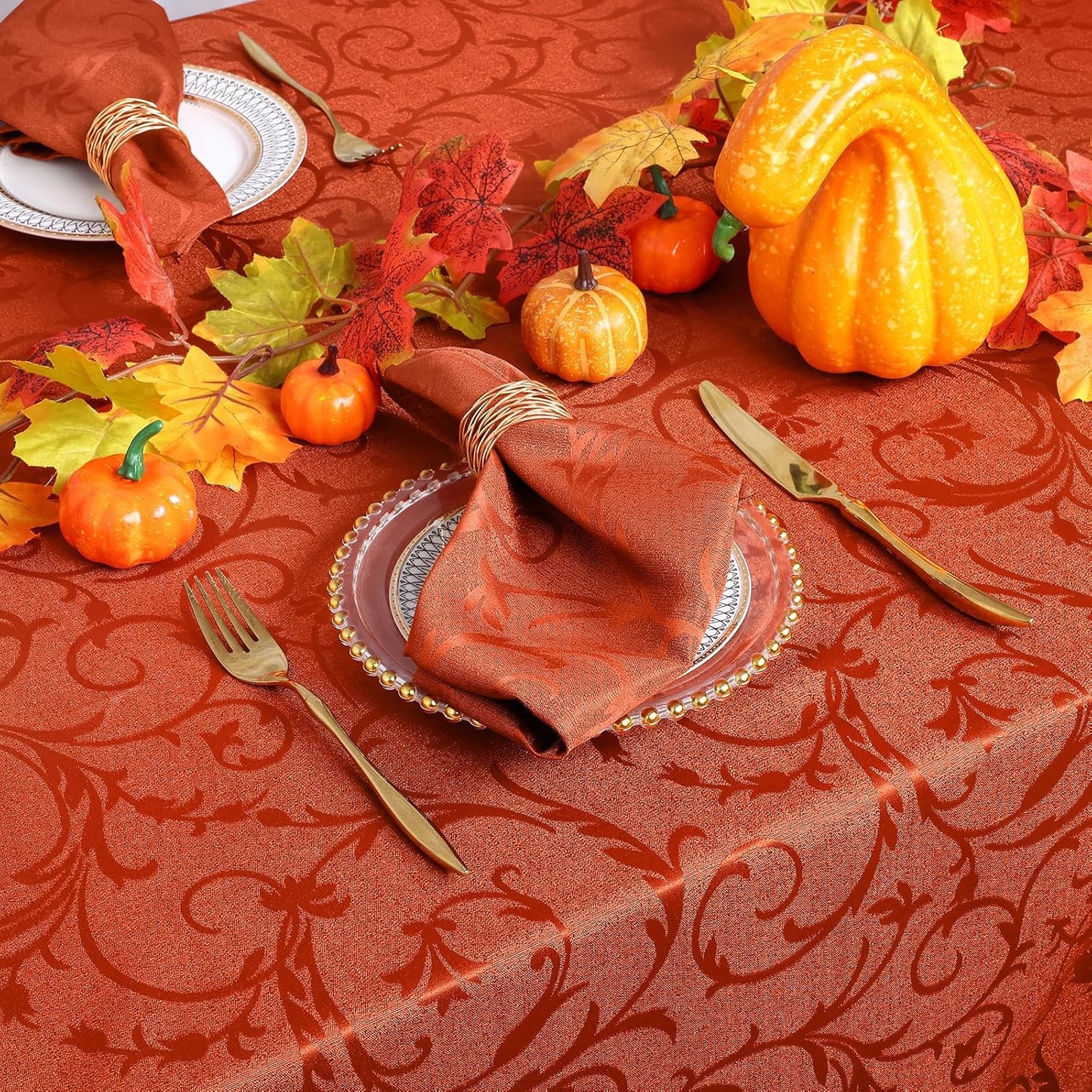 Rectangle Thanksgiving Tablecloth, Waterproof Jacquard Fall Table Cloth, Damask Cloth Table Cover for Harvest Decor (60" X 84", Rust Vine Pattern)