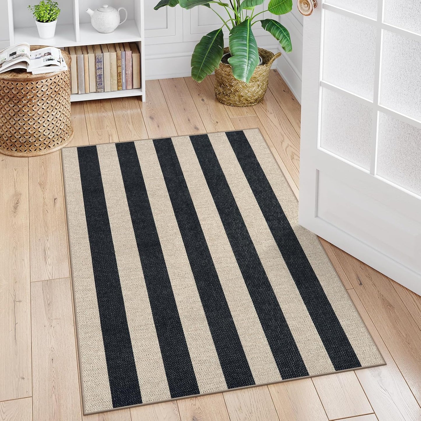 Striped Easy Jute Outdoor Patio Rug, 3X5 Washable Rugs for Entryway Porch, Farmhouse Neutral Non Shedding Indoor Outdoor Carpet for Entry Kitchen Guestroom Deck Foyer