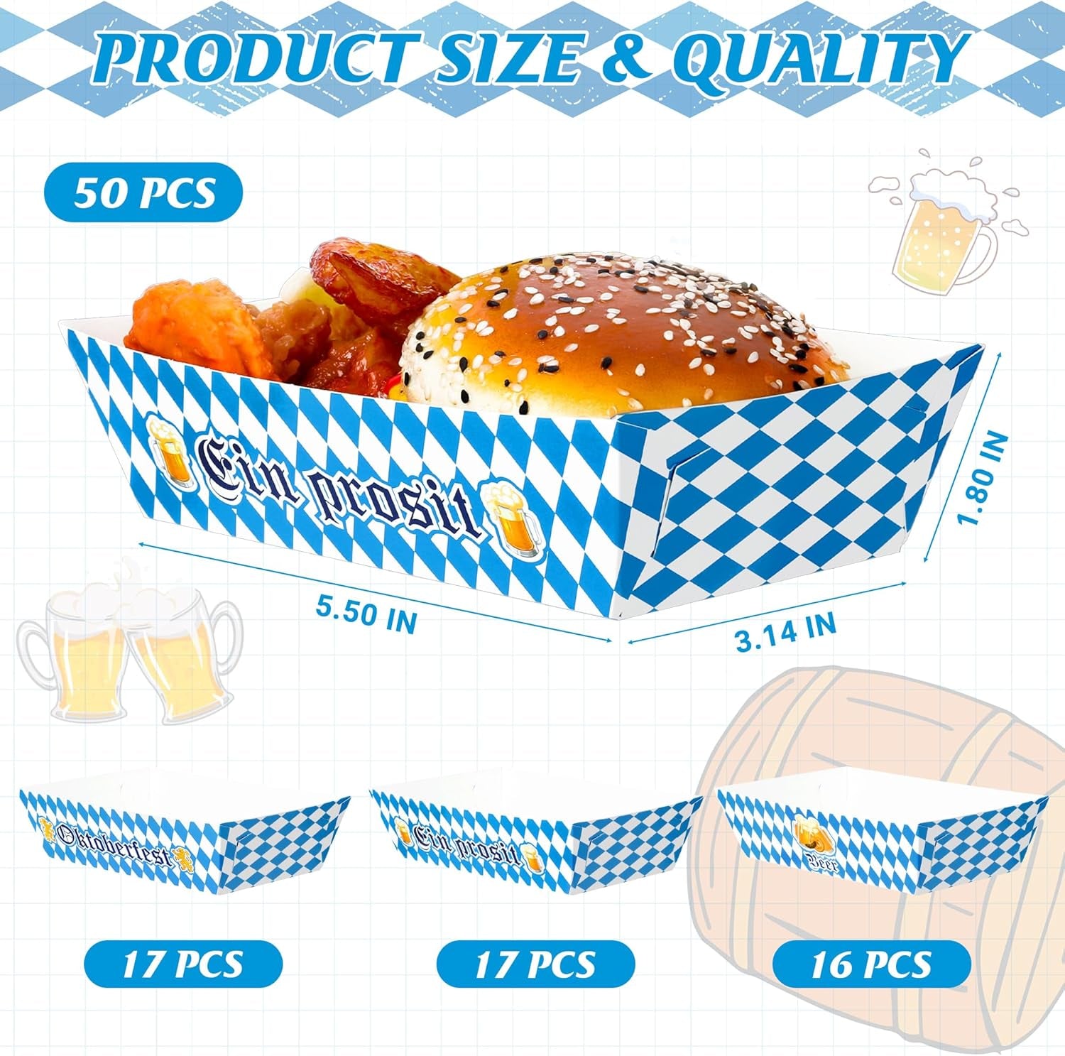 50 PCS Oktoberfest Paper Food Tray, Blue White Oktoberfest Party Supplies with 3 Designs, Disposable Oktoberfest Decorations, Fold-To-Assemble Boat Beer Festival Food Tray for Bavarian Celebration