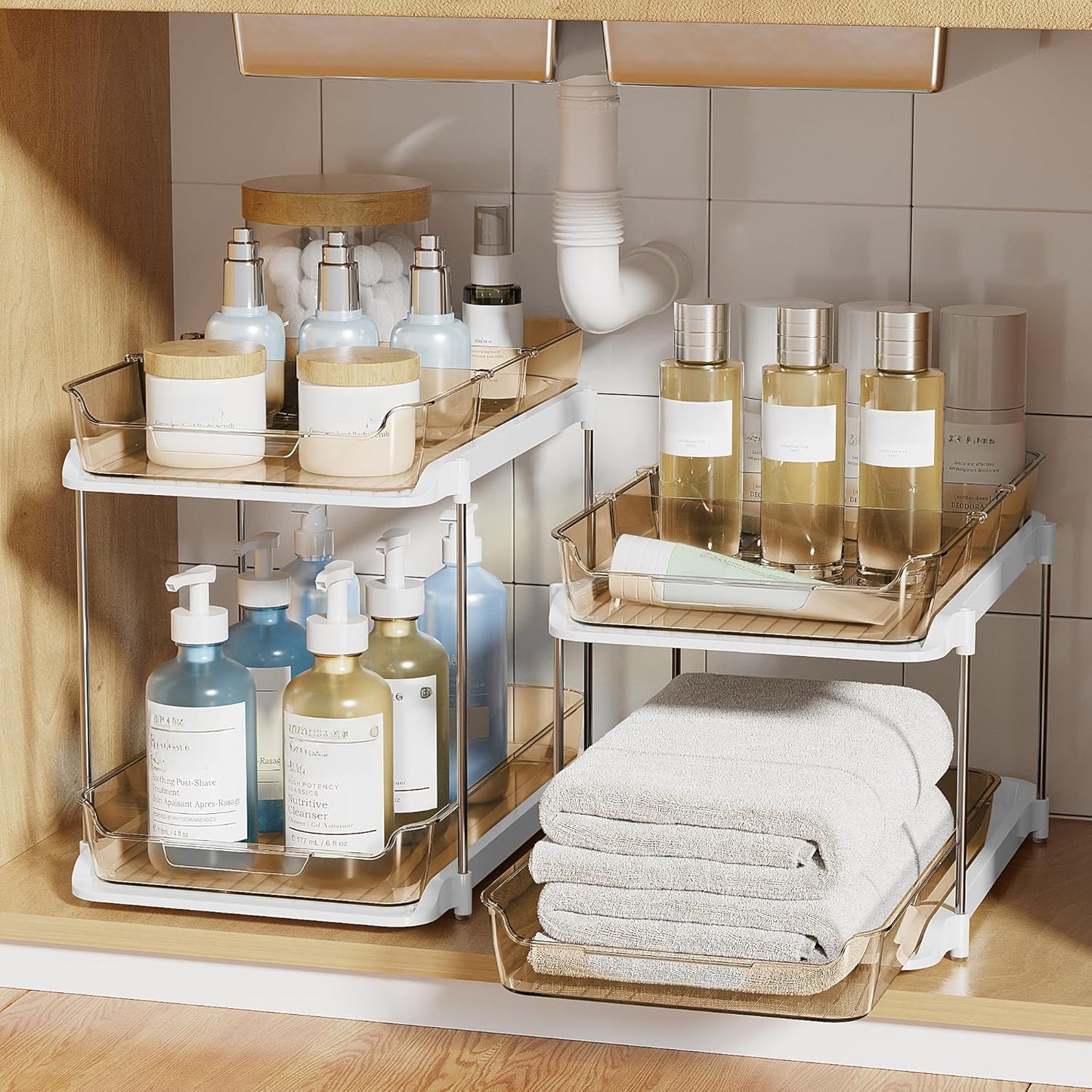 2 Sets of 2-Tier Multi-Purpose Bathroom under Sink Organizers and Storage, Stackable Kitchen Pantry Organization, Pull Out Medicine Cabinet Organizer with 8 Movable Dividers, Amber