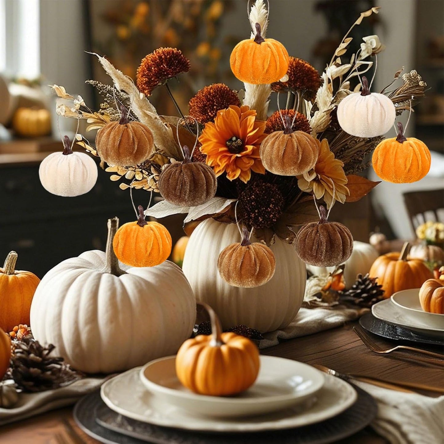 12 Pcs Velvet Pumpkins Fall Thanksgiving Pumpkins Hanging Ornaments Fall Tree Decorations Orange White Brown Velvet Wrapped Pumpkin Ball Decor with Hemp Rope for Thanksgiving Party Tree Farmhouse Home