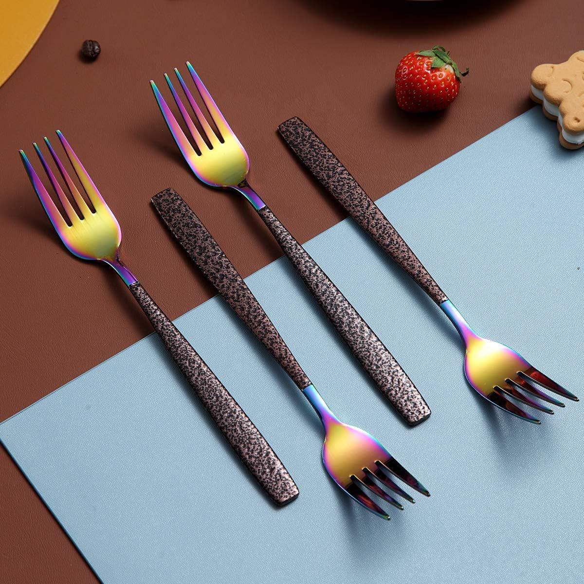 Set of 4 Stainless Steel Dinner Forks with Moon Surface Handle and Rainbow Finish, Dishwasher Safe Silverware