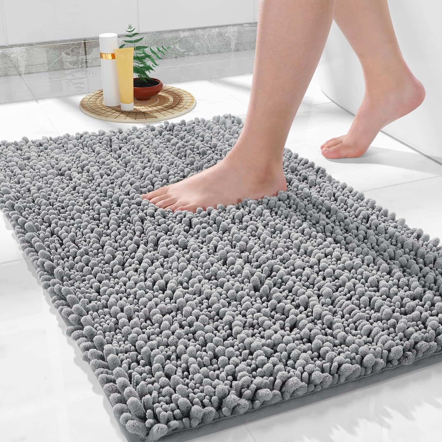 Bathroom Rugs Non Slip Washable 24X17 Inch - Ultra Soft Absorbent Chenille Bath Mat, Quick Dry Shaggy Floor Carpet for Tub Shower, Gray Home Decor Accessories