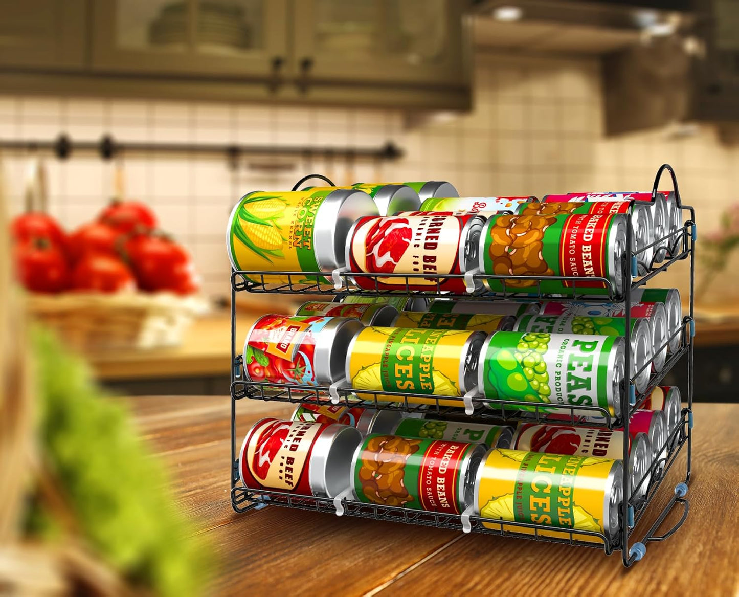 Storage Rack Organizer 16.5 X 12.5 X 13.5 Inch, Stackable, Holds Upto 36 Cans for Kitchen Cabinet or Pantry (Black)