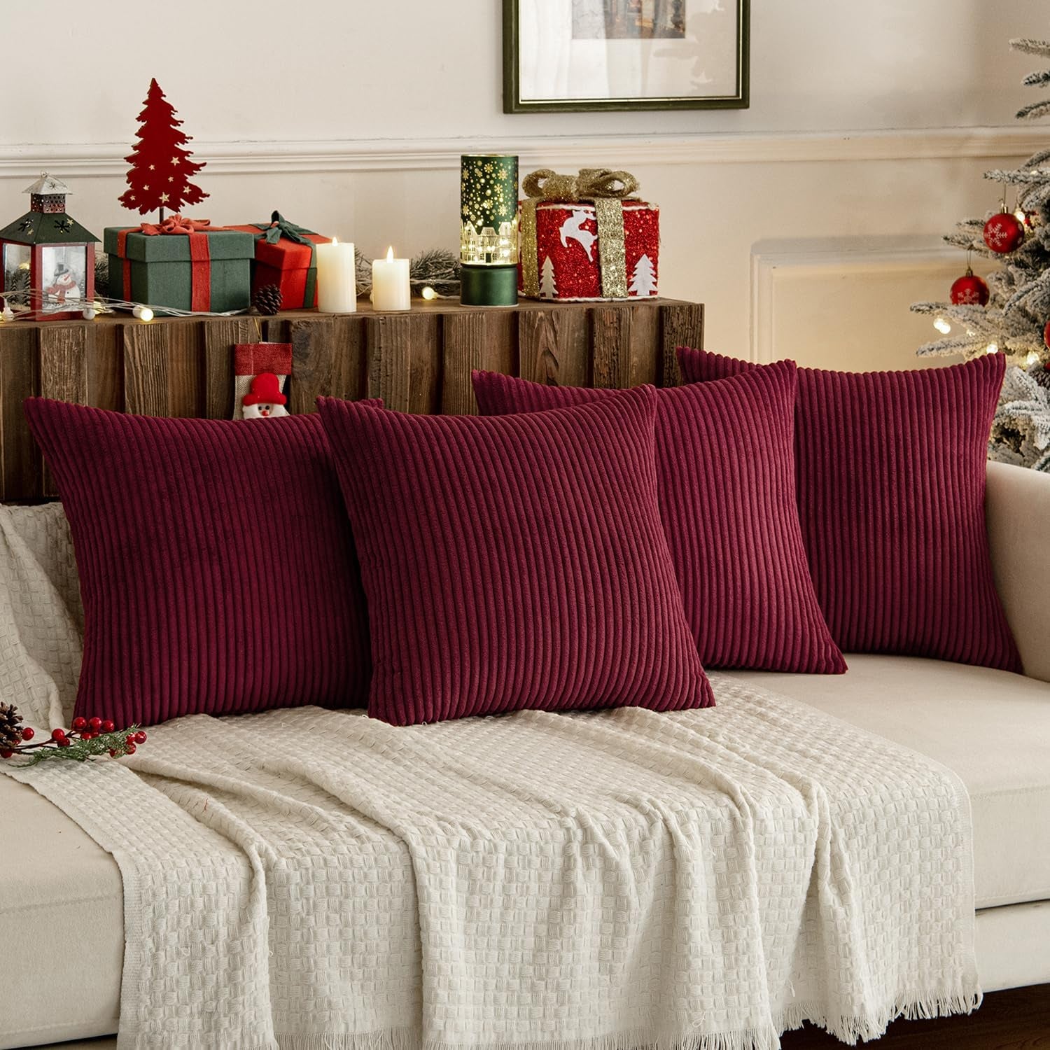 Boho Farmhouse Throw Pillow Covers 16X16 Inch Set of 4 Mordern Nordic Cushion Covers Soft Corduroy Christmas Home Decor for Couch Bed Sofa Living Room Burgundy