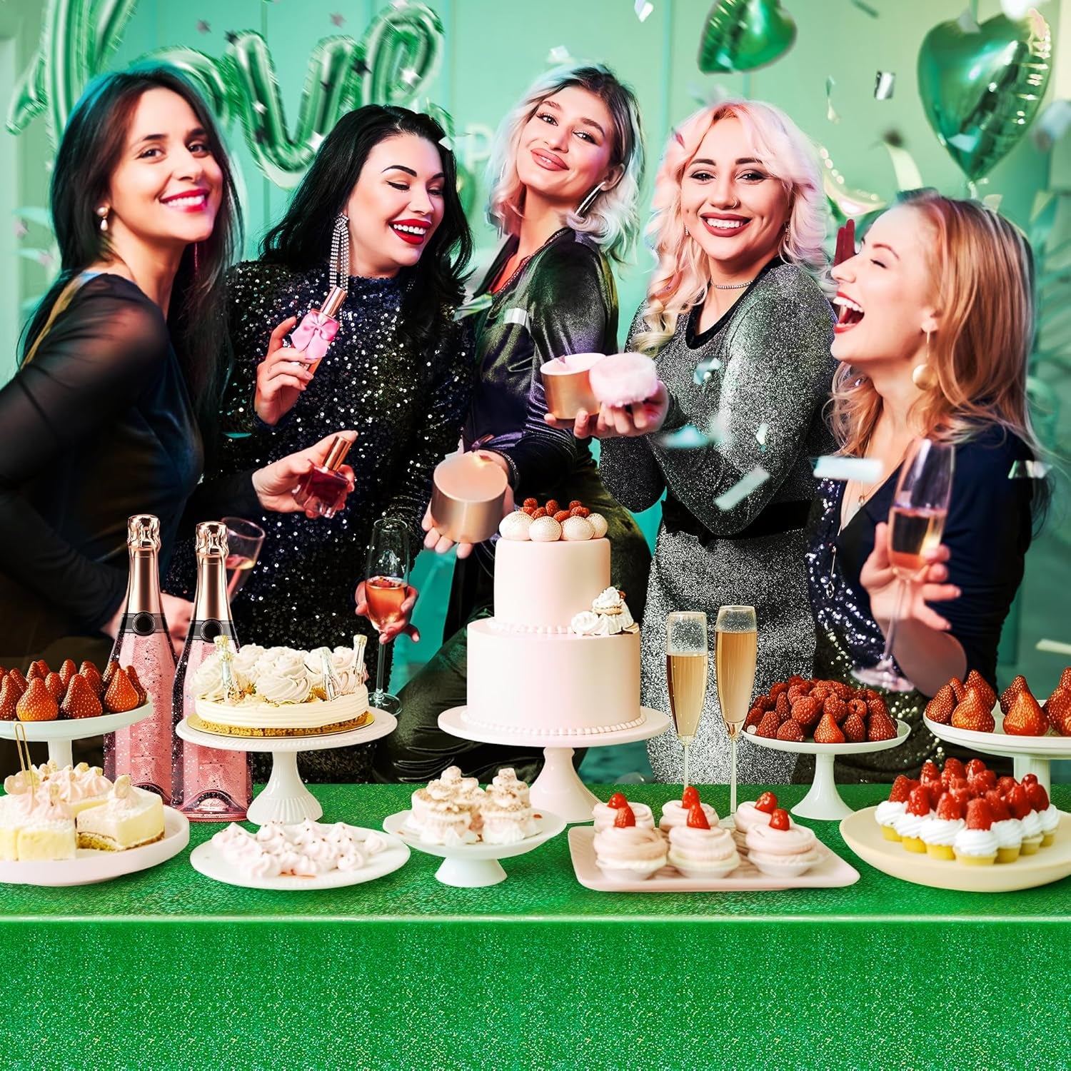 Set of 2 Dark Green Holographic Foil Tablecloths - 54x108 Durable Table Covers for Elegant Events, Ideal for Parties, Weddings, and Showers