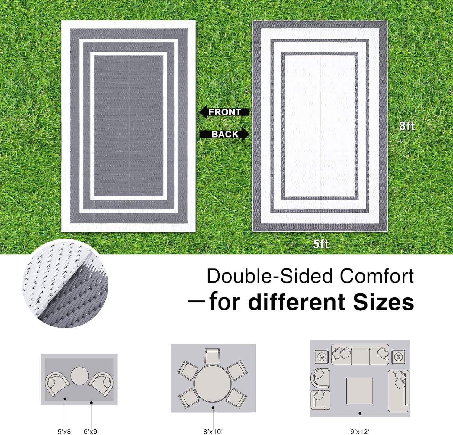 Outdoor Rug 5X8 Ft Waterproof, Reversible Outdoor Plastic Straw Rug, RV Mat, Indoor Outdoor Carpet Clearance for Patio, Camping, Balcony, Deck, Backyard, Grey & White