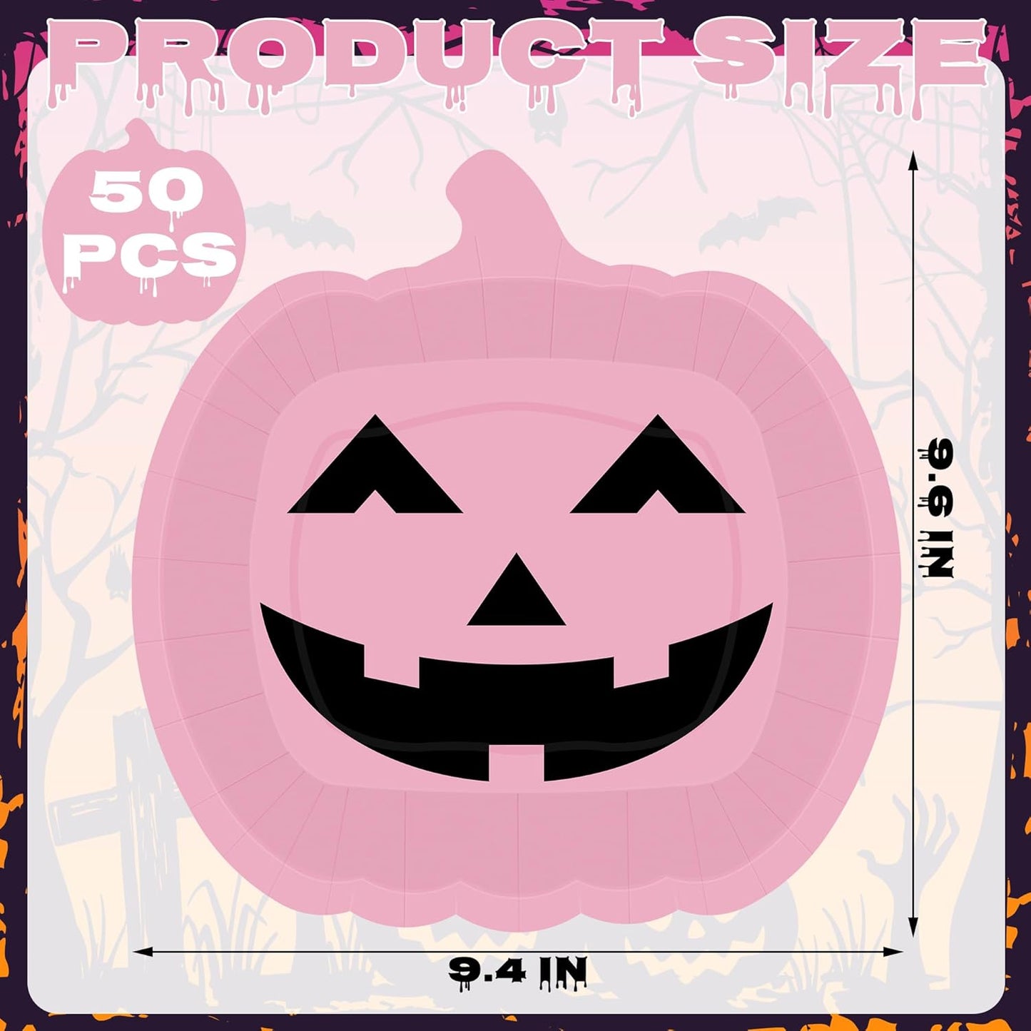Pink Grimace Halloween Pumpkin Plates - 50 PCS, 9.6'' X 9.4'' Disposable Paper Plates for Party Supplies and Decorations