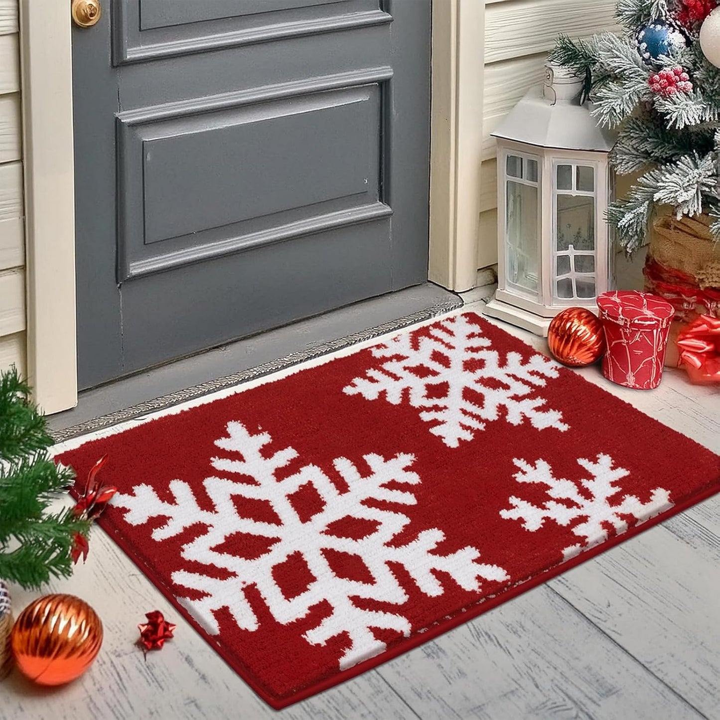 Snowflake Christmas Bathroom Rugs 16"X24" Soft & Absorbent Micorfiber Bath Mats Fluffy Plush Non Slip Carpet Washable for Bathroom Floor(Christmas Red, 1'4" X 2')