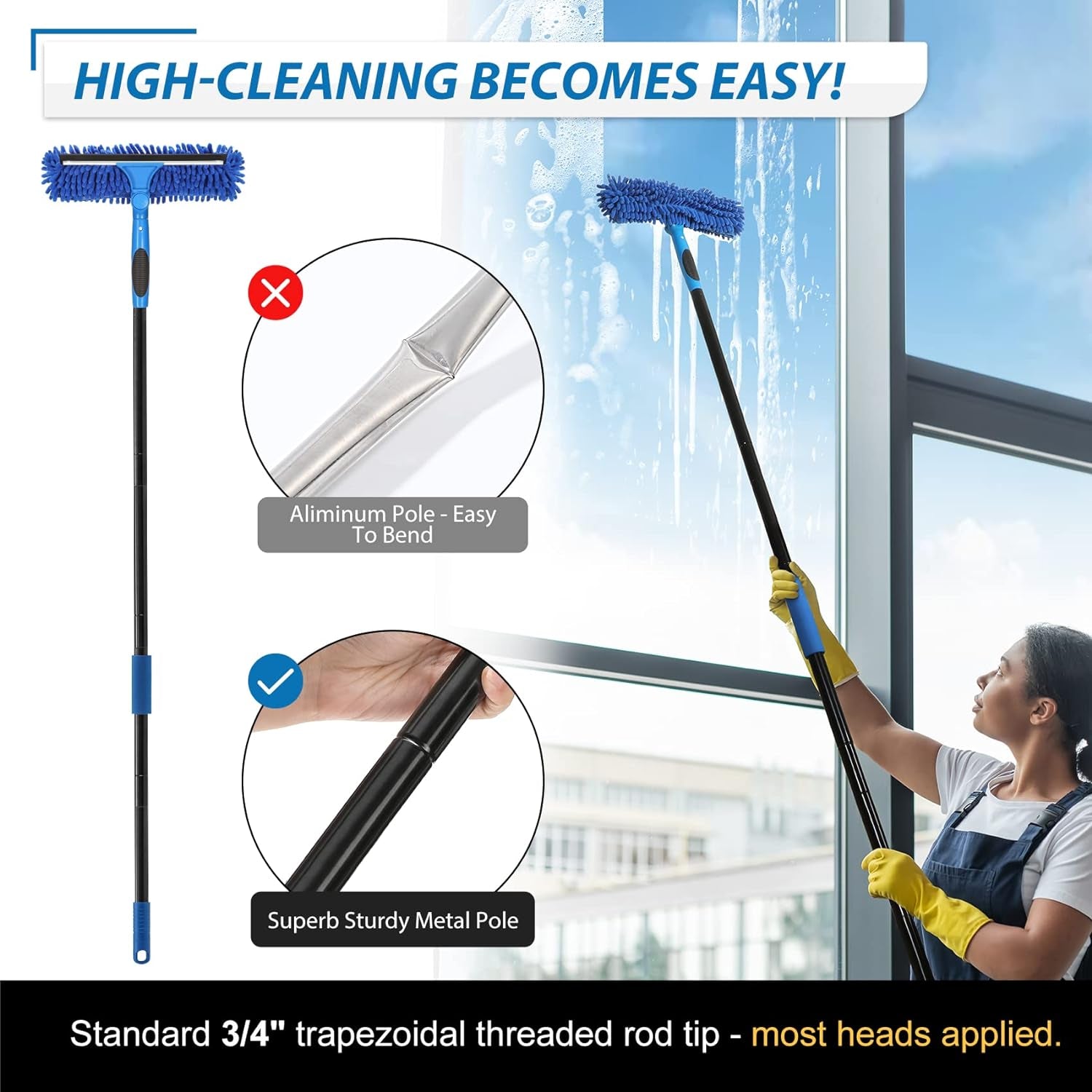 Professional 69'' Window Squeegee Cleaner Tool with Extension Pole, 2-In-1 Squeegee for Window Cleaning Kit with Scrubber and Rotating Head, 1 Blade 2 Scrubber