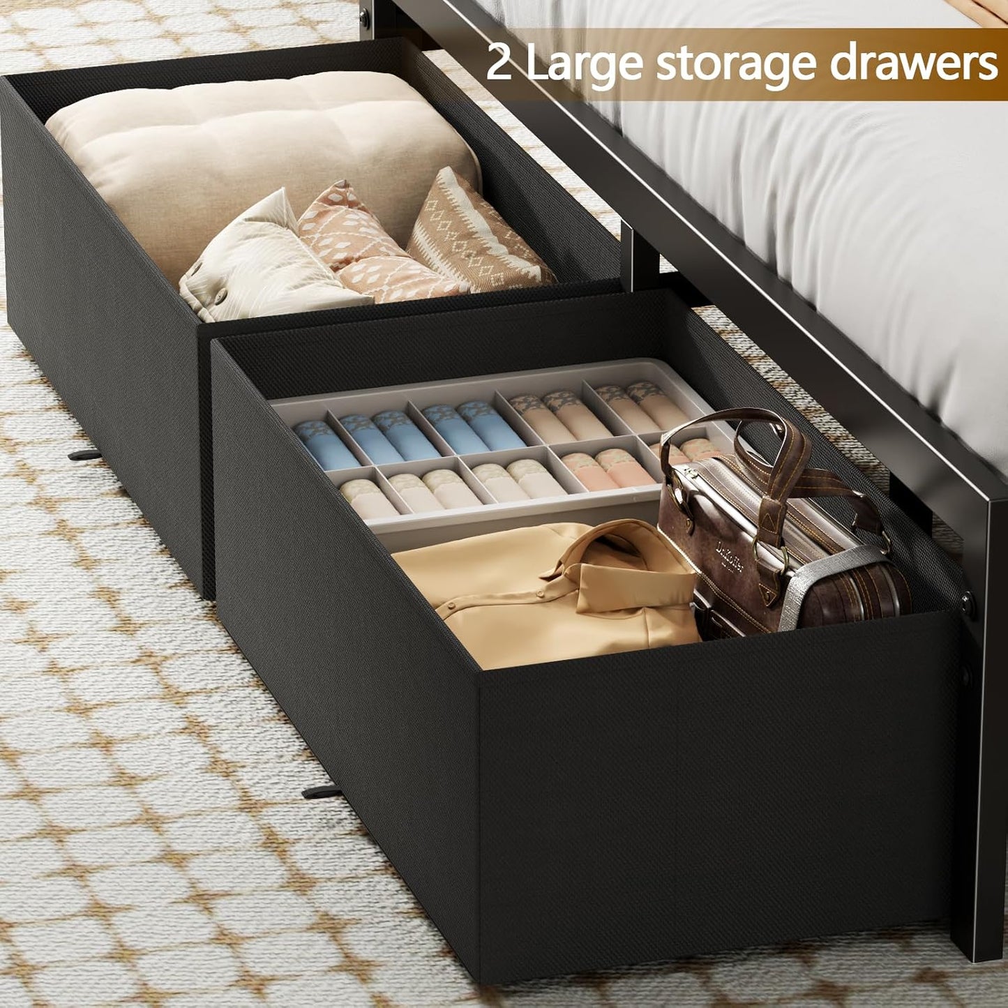 Queen Size Platform Bed Frame with Headboard, Integrated Storage Drawers, Charging Station, LED Lighting, No Box Spring Required, Noise-Free Design