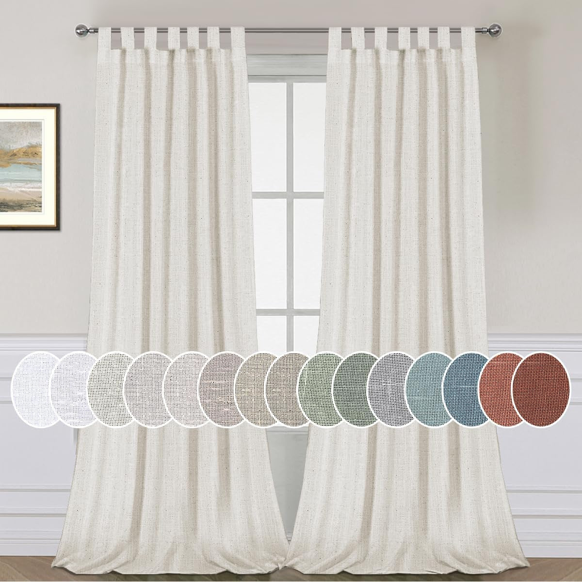 Natural Linen Tab Top Curtains 84 Inch Length for Living Room 2 Panel Drape Semi Sheer Neutral Country Rustic Farmhouse Boho Curtain Bedroom Muslin Look Light Filtering, Heathered Natural