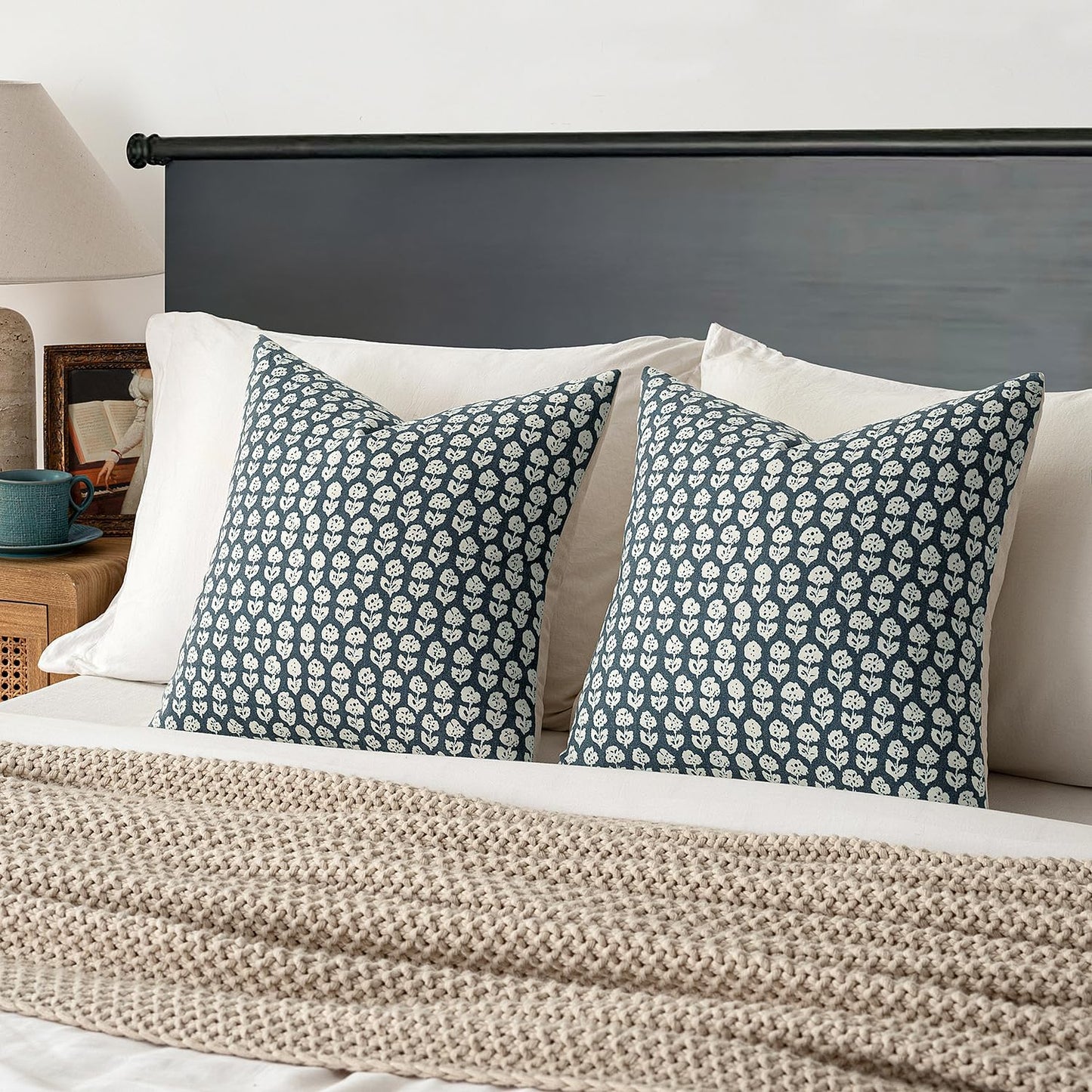 Set of 2 Vintage Floral Block Print Pillow Covers, 20x20 Inch Neutral Linen Cushion Cases for Couch, Sofa, and Chair in Dusty Blue