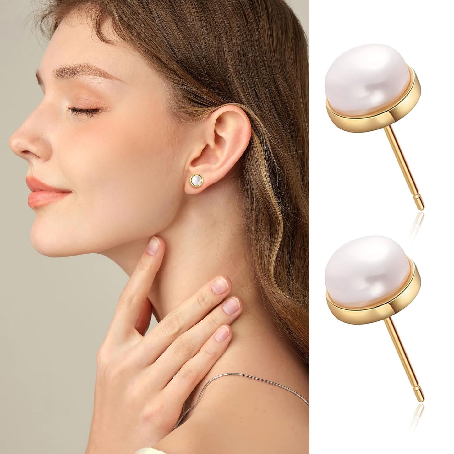 14K Gold round Stone Stud Earrings Hypoallergenic Minimalist Women'S Jewelry, round Boho Fashion Simple Turquoise Jewellery, Handmade Holiday Gift Earrings for Her (B)