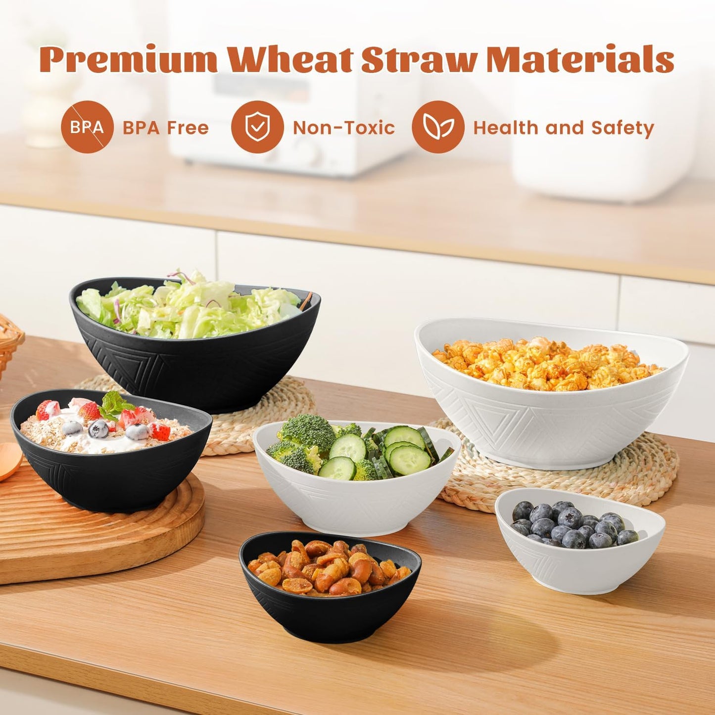 Wheat Straw Mixing Bowls Set - 6 Piece, Three Sizes (60 OZ, 26 OZ, 10 OZ), Microwave and Dishwasher Safe, Ideal for Salad, Snacks, and Cereal (Panda Color)