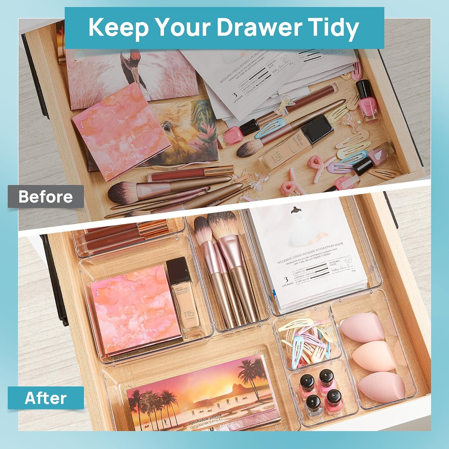 15 PCS Clear Plastic Drawer Organizers Set, 4-Size Versatile Bathroom and Vanity Organizer Trays, Non-Slip Storage Containers for Makeup, Jewelries, Bedroom,Kitchen Utensils and Office