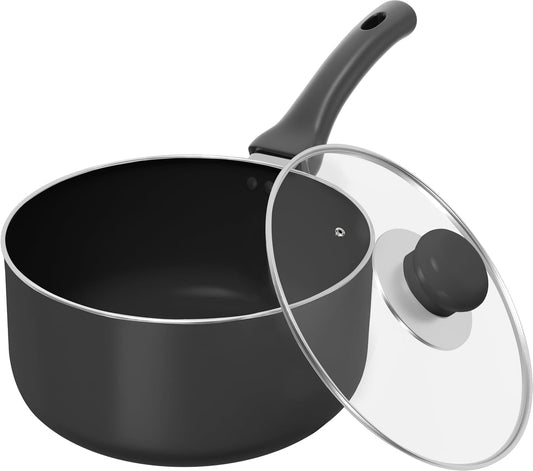 2 Quart Detachable Handle Nonstick Saucepan with Glass Lid, Multipurpose Use for Home, Kitchen or Restaurant, Grey & Black