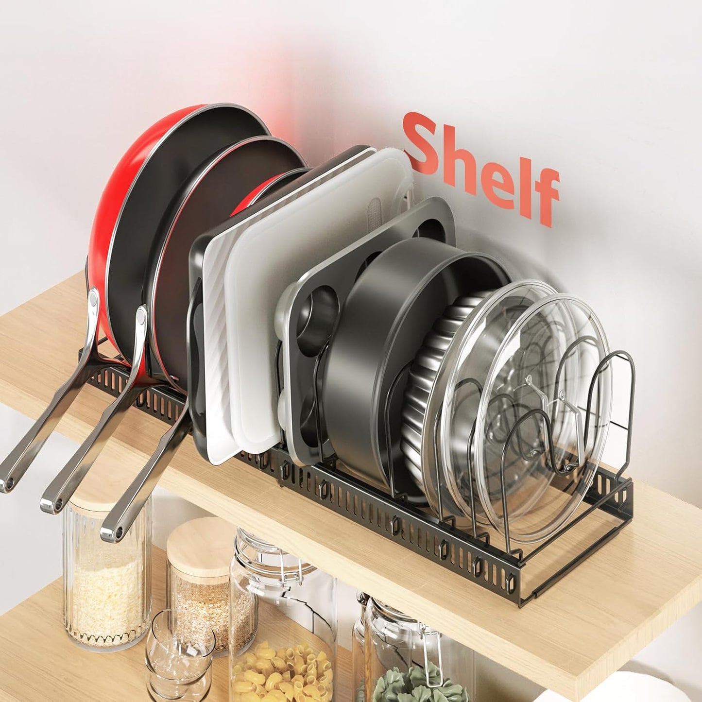 Pots and Pans Organizer under Cabinet with Pan Holder: Expandable 11.8"-22.8" Kitchen Cabinet Organizer Rack, 12 Adjustable Dividers Storage for Cookie Sheets, Cutting Boards & Heavy Cookware