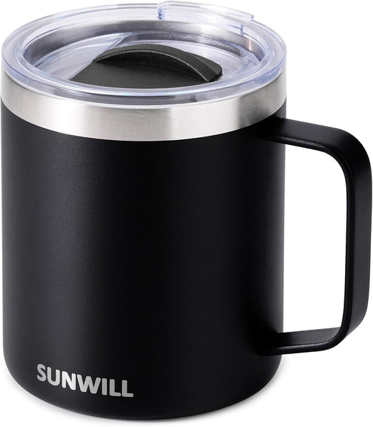 Travel Coffee Mug with Lid, Insulated Tumbler with Handle, 14Oz Stainless Steel Cup for Camping, Outdoor, Powder Coated Black