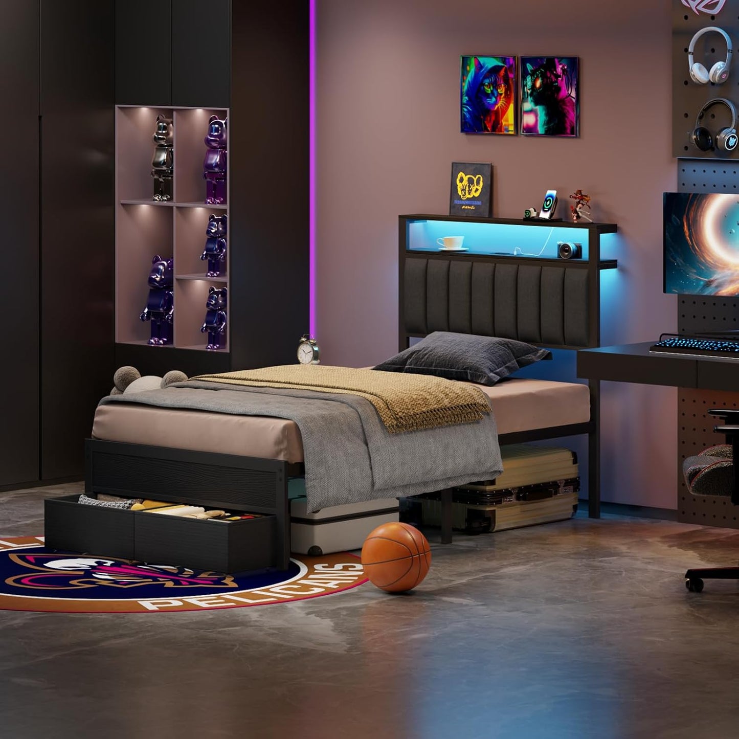 Twin Bed Frame with Integrated Charging Station and LED Lighting, Grey Upholstered Headboard with Shelving, Metal Platform Design featuring Under-Bed Storage Drawers on Wheels, No Box Spring Required